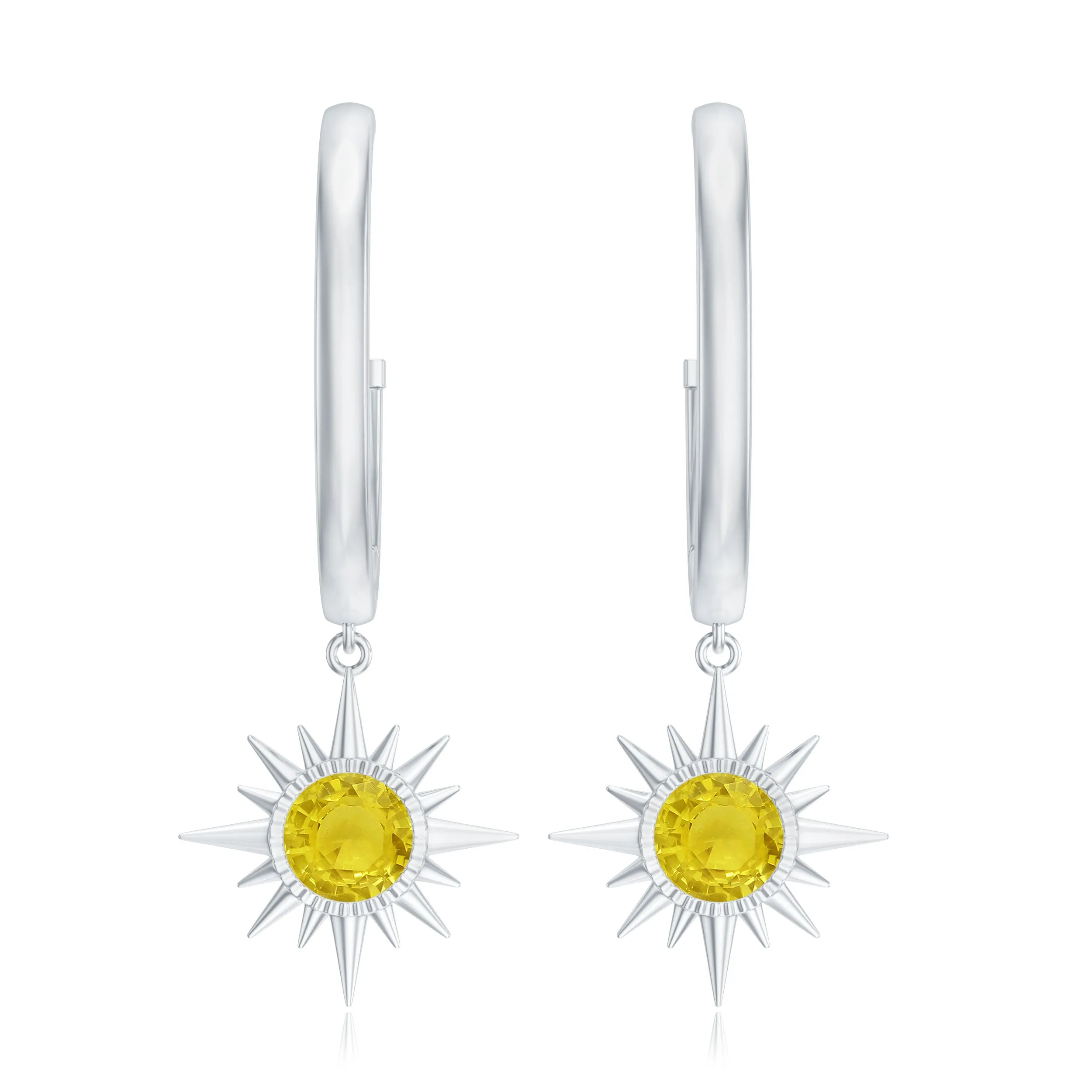 4 MM Round Shape Yellow Sapphire and Gold Sunburst Hoop Drop Earrings For Women