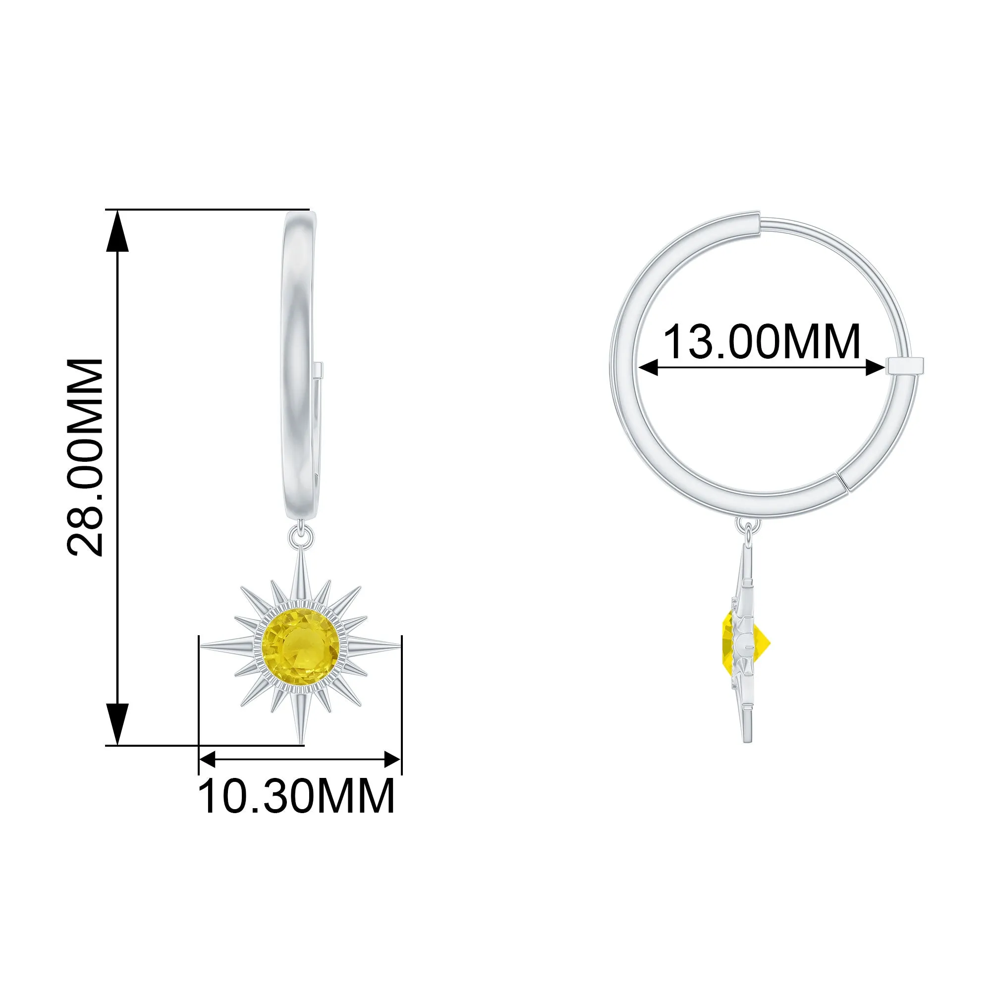4 MM Round Shape Yellow Sapphire and Gold Sunburst Hoop Drop Earrings For Women
