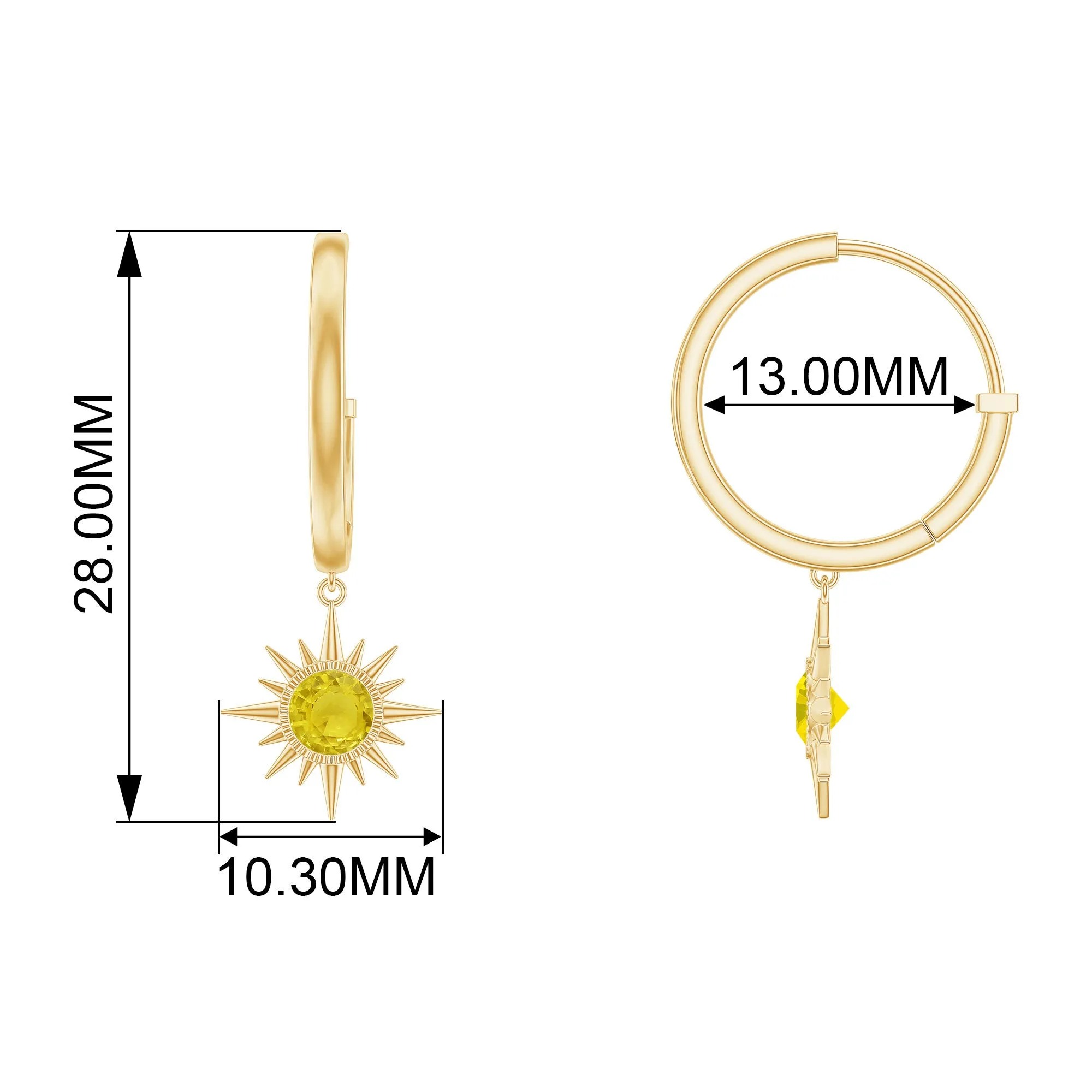 4 MM Round Shape Yellow Sapphire and Gold Sunburst Hoop Drop Earrings For Women