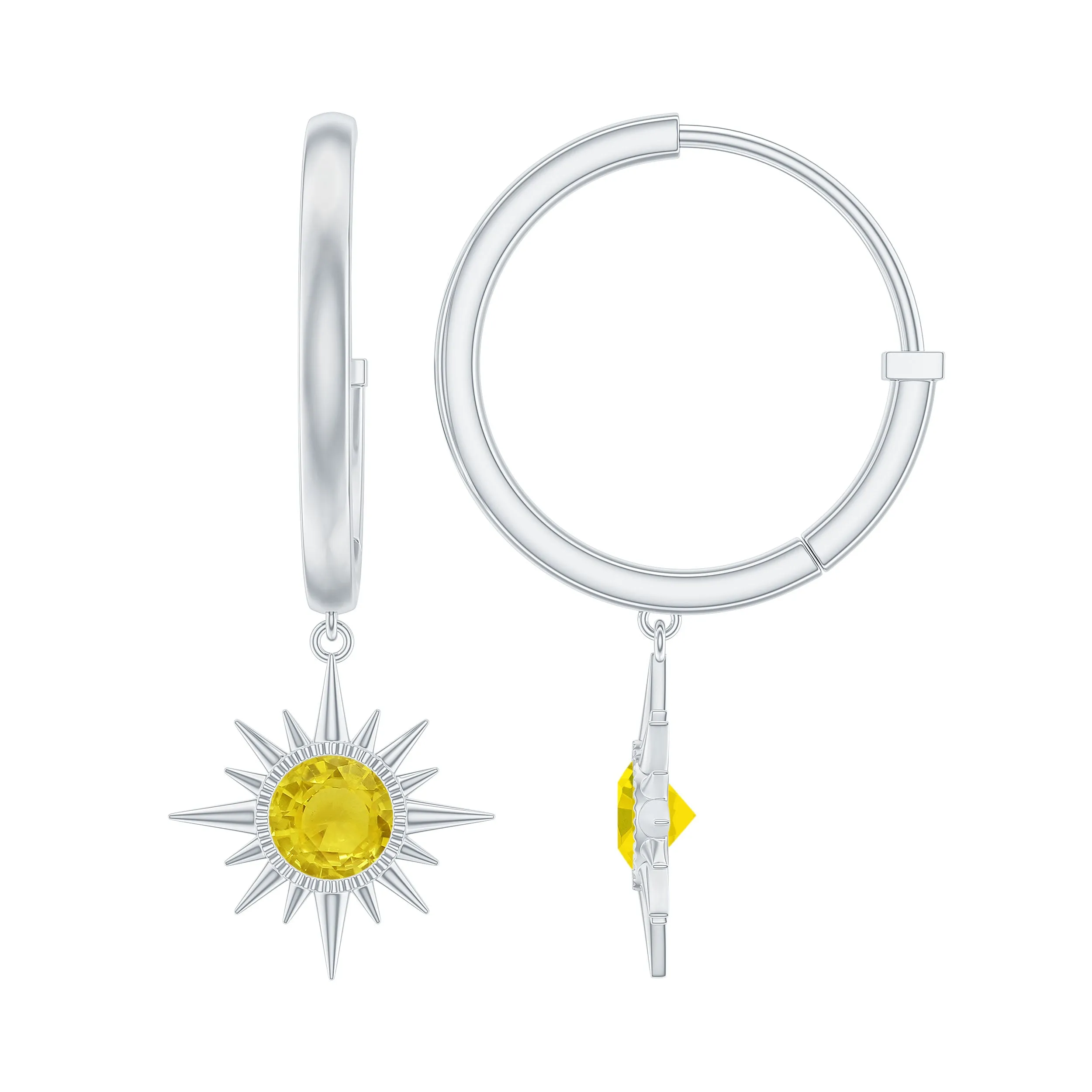 4 MM Round Shape Yellow Sapphire and Gold Sunburst Hoop Drop Earrings For Women