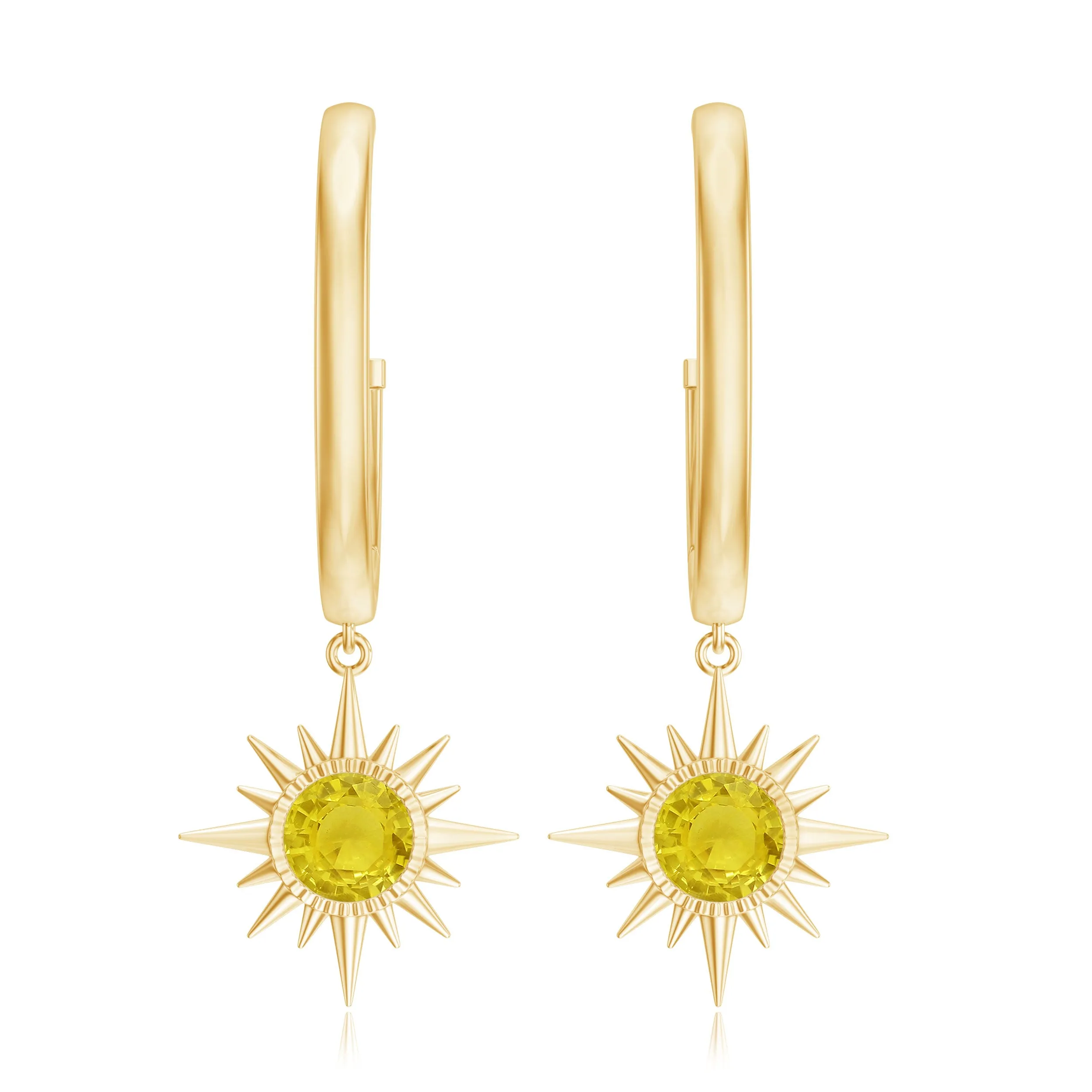 4 MM Round Shape Yellow Sapphire and Gold Sunburst Hoop Drop Earrings For Women