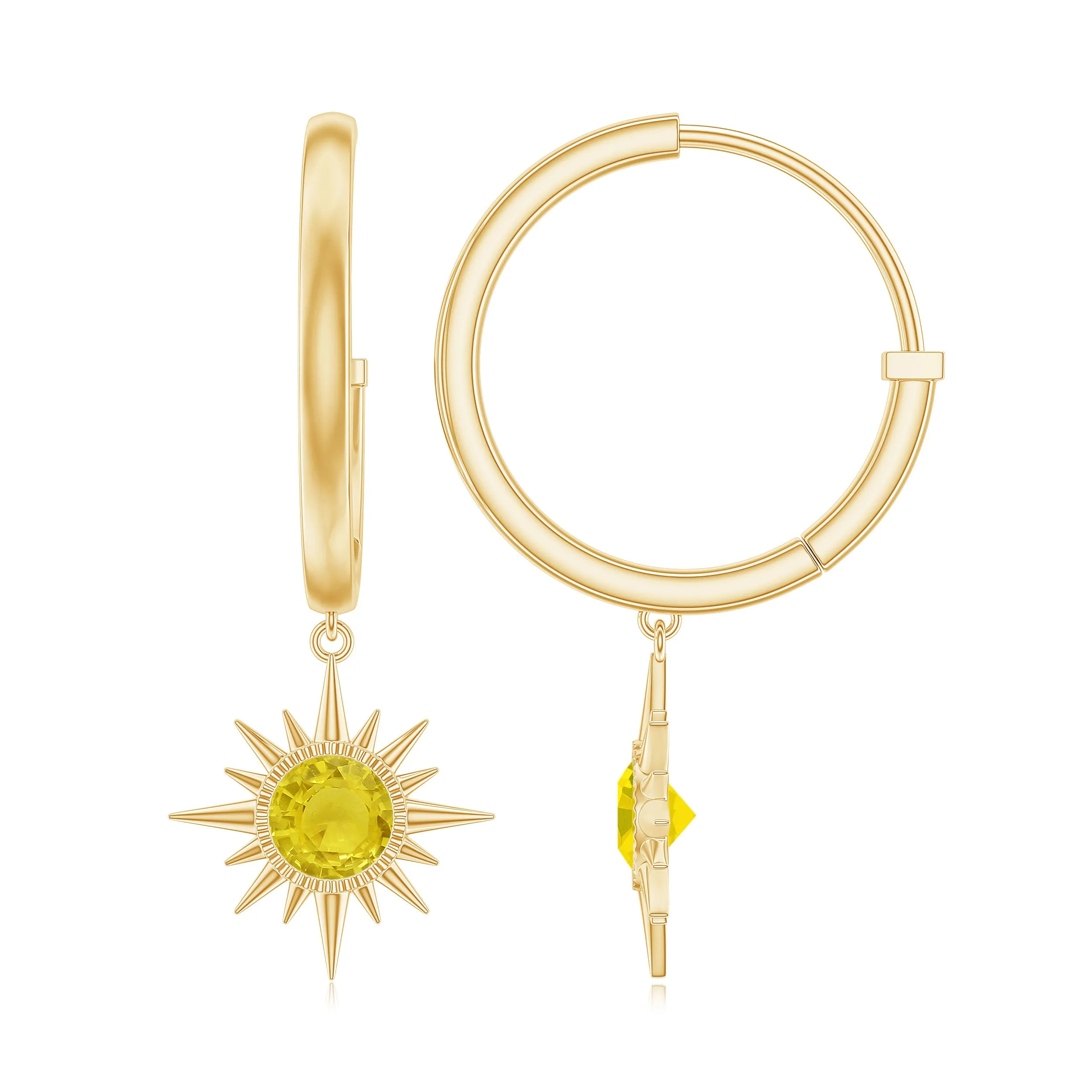 4 MM Round Shape Yellow Sapphire and Gold Sunburst Hoop Drop Earrings For Women