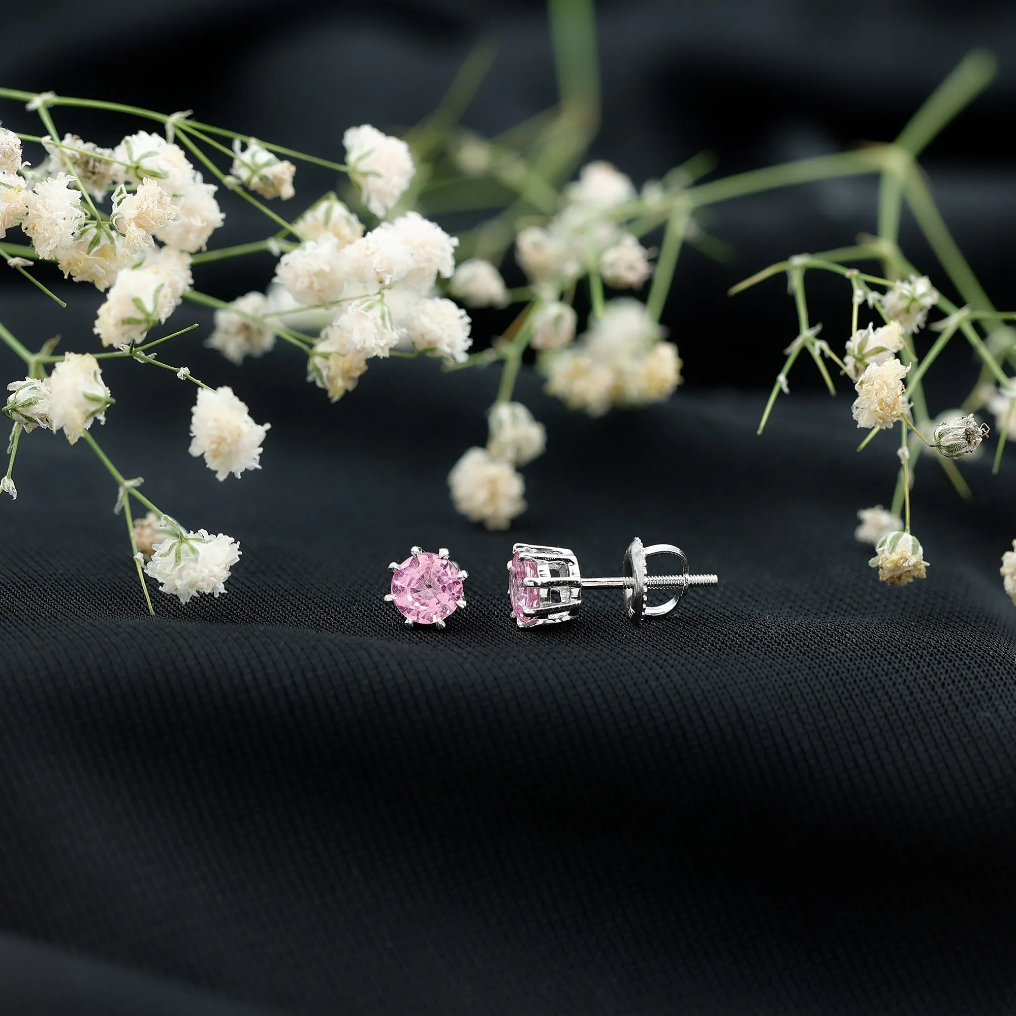 4.5 MM Natural Pink Sapphire Solitaire Stud Earrings in 8 Claw Prong Setting