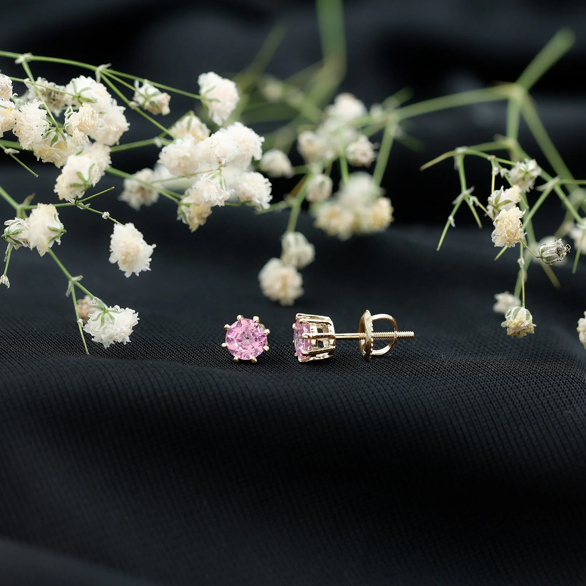 4.5 MM Natural Pink Sapphire Solitaire Stud Earrings in 8 Claw Prong Setting