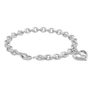 5 1/4-6 3/4 Inches Silver Open Heart Diamond Or Pink Sapphire Charm Bracelet