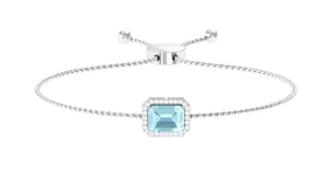 6X8 MM Emerald Cut Shape Sky Blue Topaz Bolo Chain Bracelet with Diamond Accent