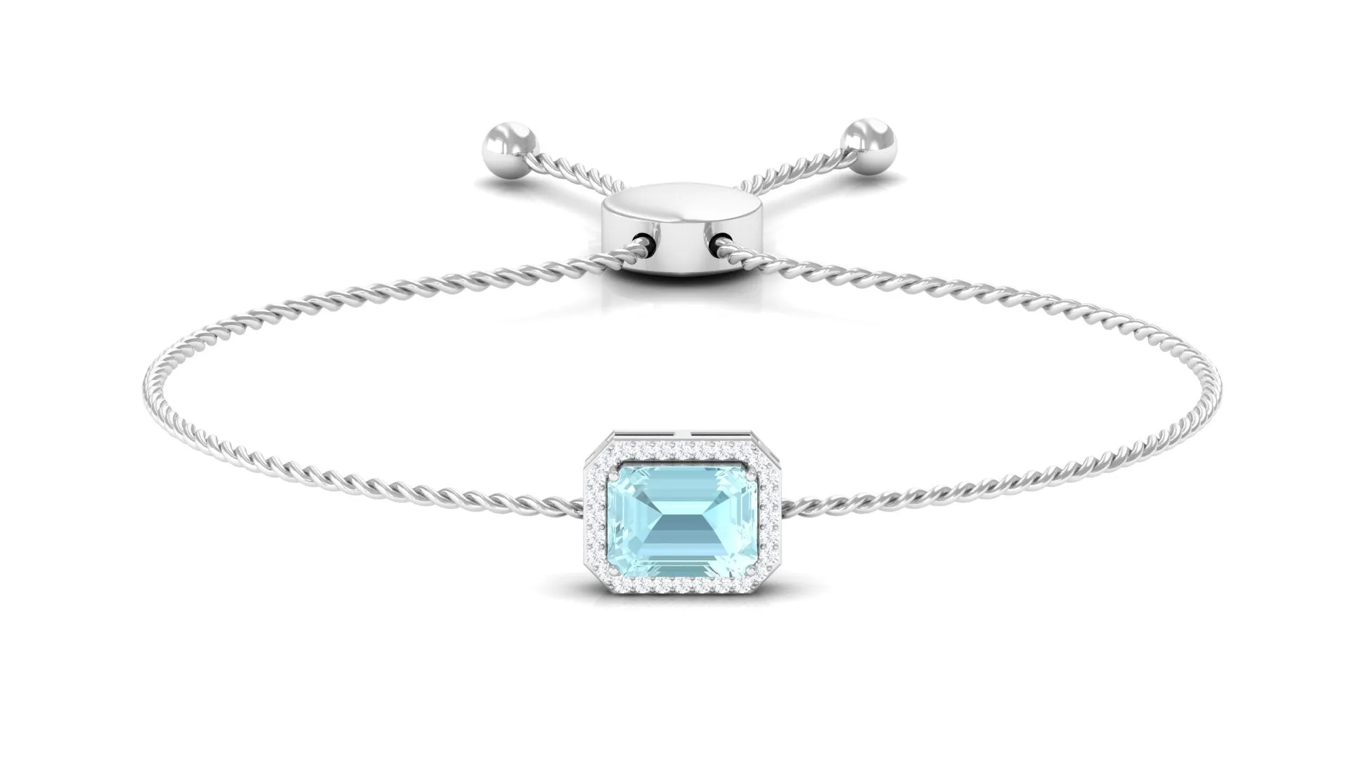 6X8 MM Emerald Cut Shape Sky Blue Topaz Bolo Chain Bracelet with Diamond Accent