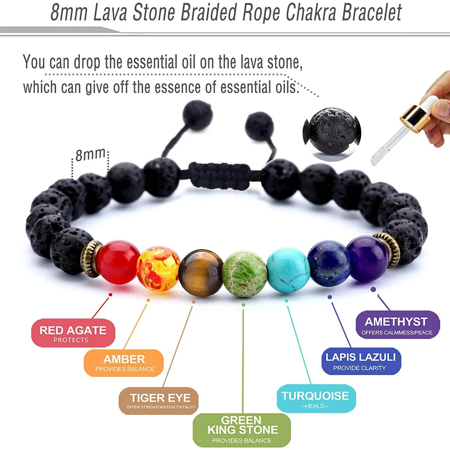 8mm Lava Rock 7 Chakras Braided Bracelet