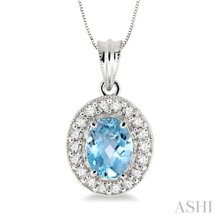 8x6 MM Oval Cut Aquamarine and 1/3 ctw Round Cut Diamond Pendant in 14K White Gold with Chain