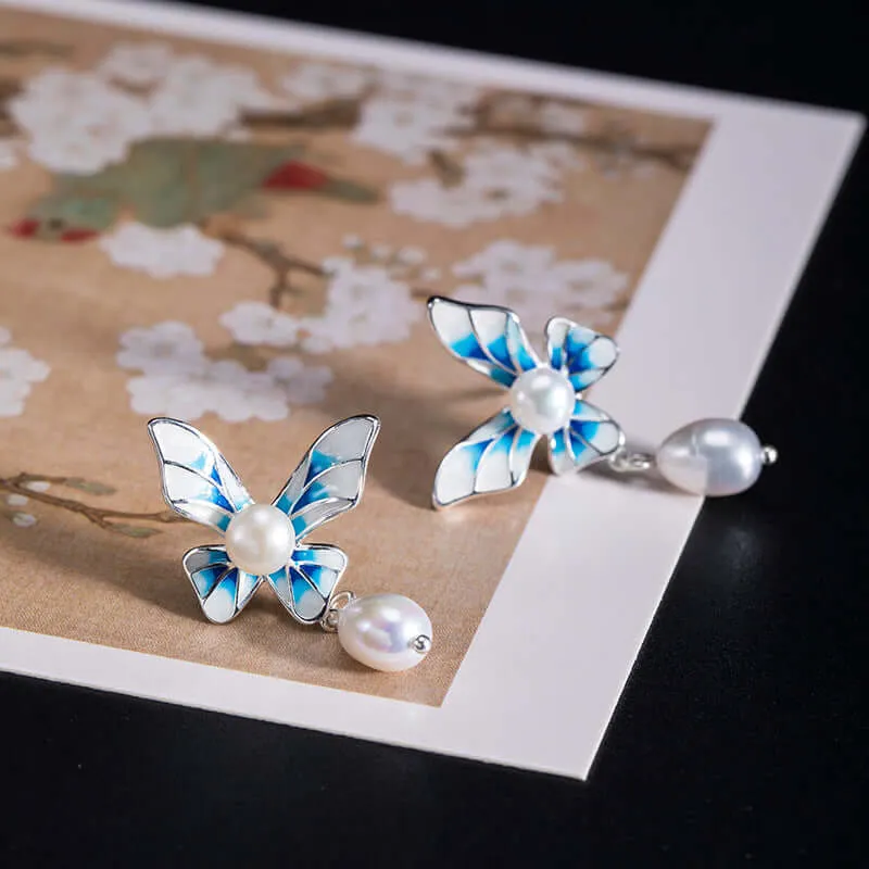 925 Silver Blue and White Gradient Pearl Earrings