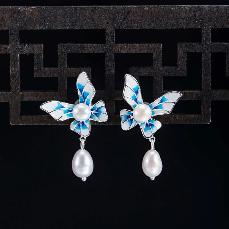 925 Silver Blue and White Gradient Pearl Earrings