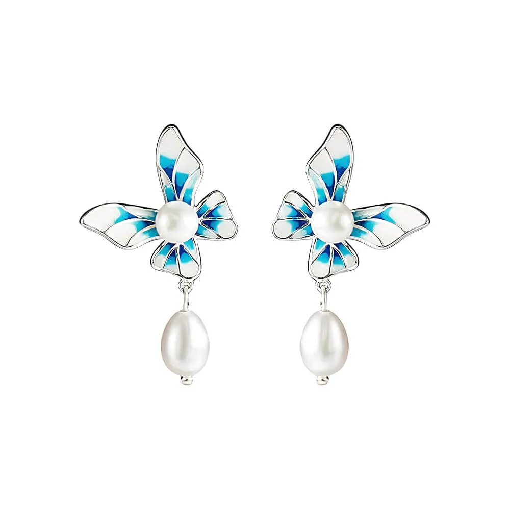 925 Silver Blue and White Gradient Pearl Earrings