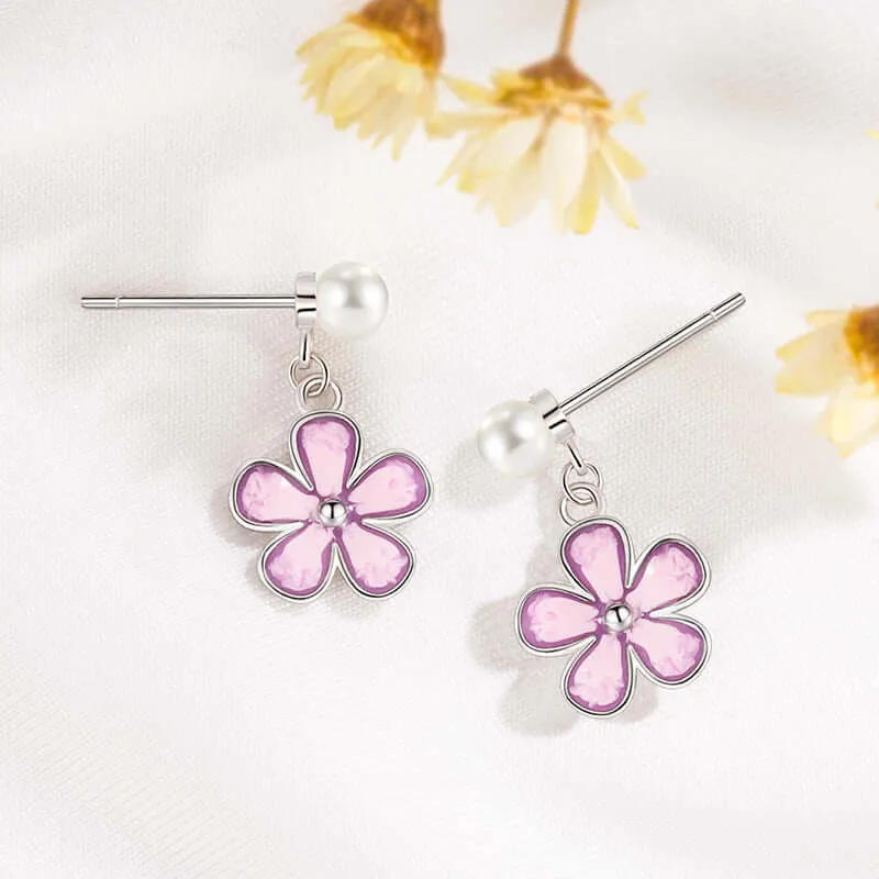925 Silver Five Petal Flower Enamel Pearl Earrings