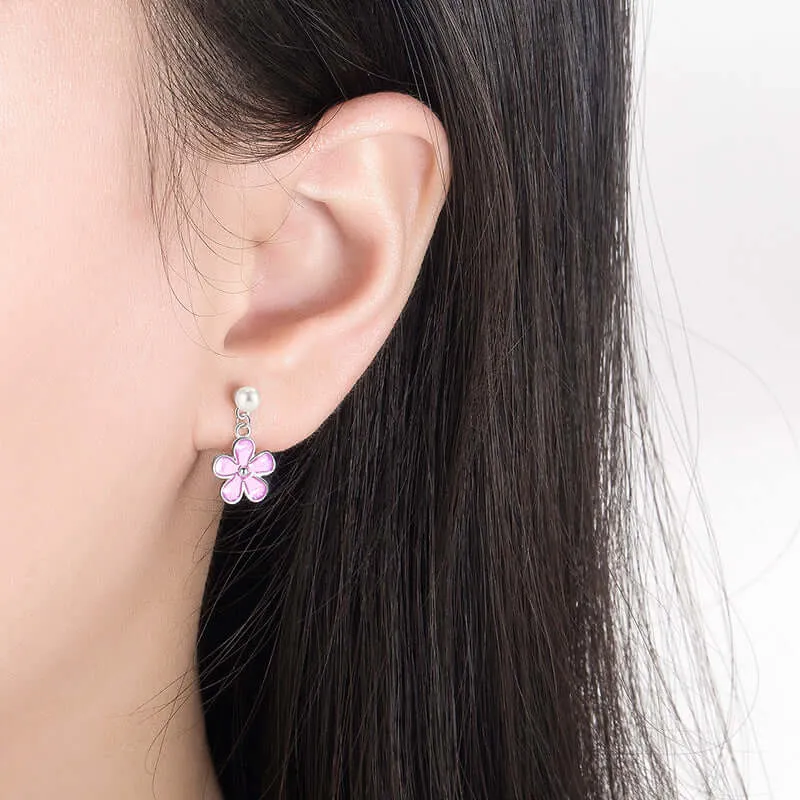 925 Silver Five Petal Flower Enamel Pearl Earrings