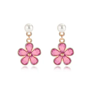 925 Silver Five Petal Flower Enamel Pearl Earrings