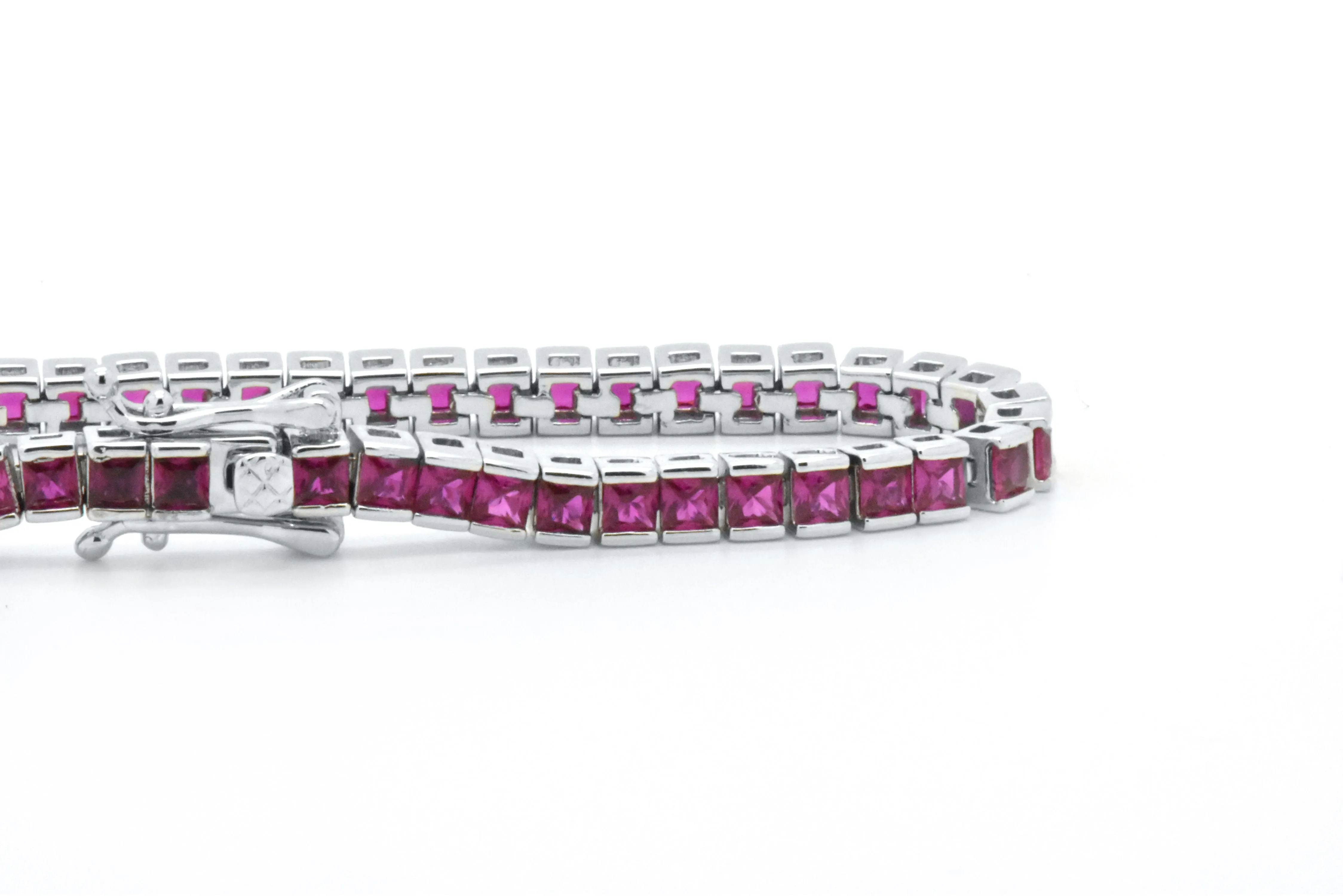 925 Sterling Silver Created Magenta Pink Princess Cut Tennis Bracelet