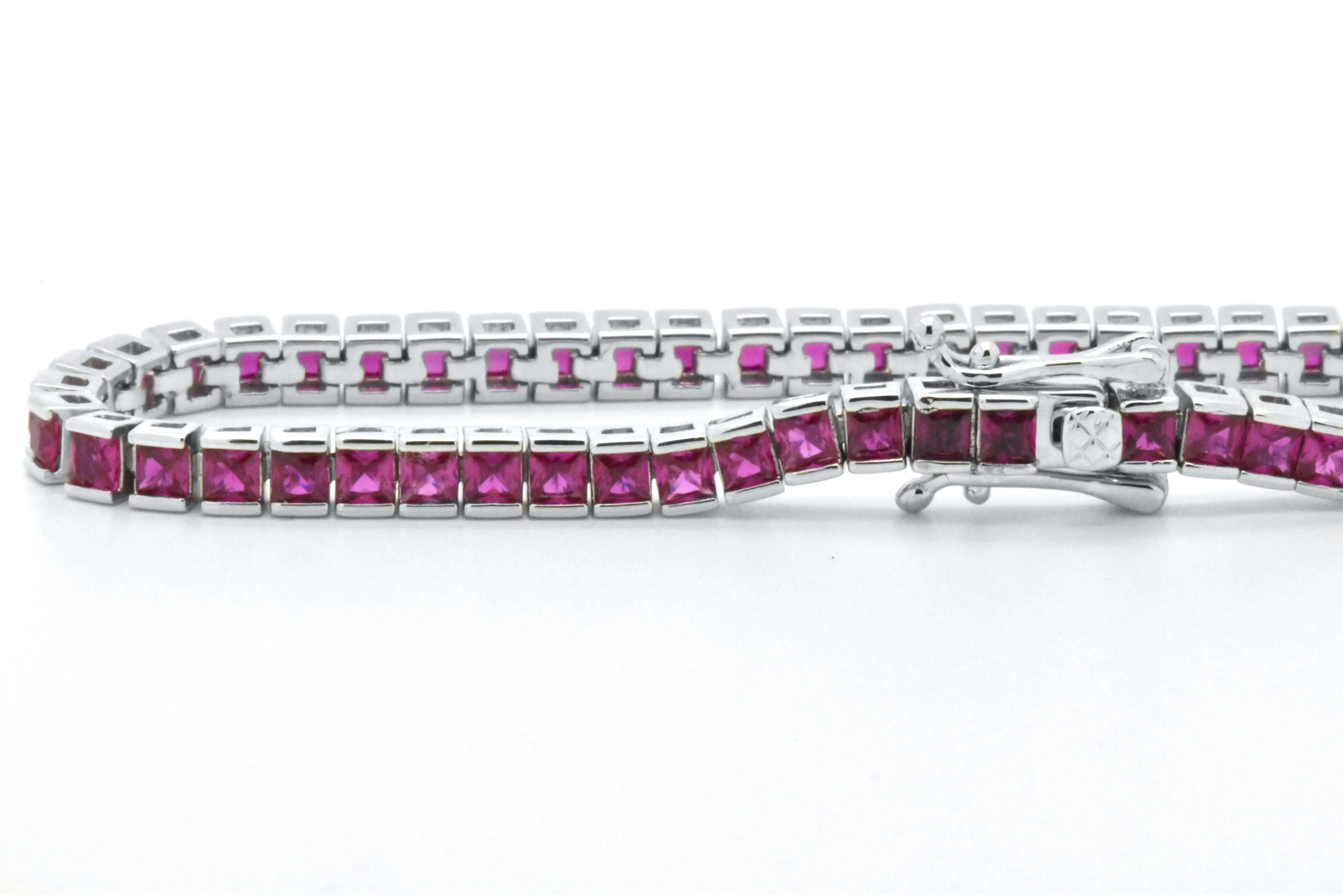 925 Sterling Silver Created Magenta Pink Princess Cut Tennis Bracelet