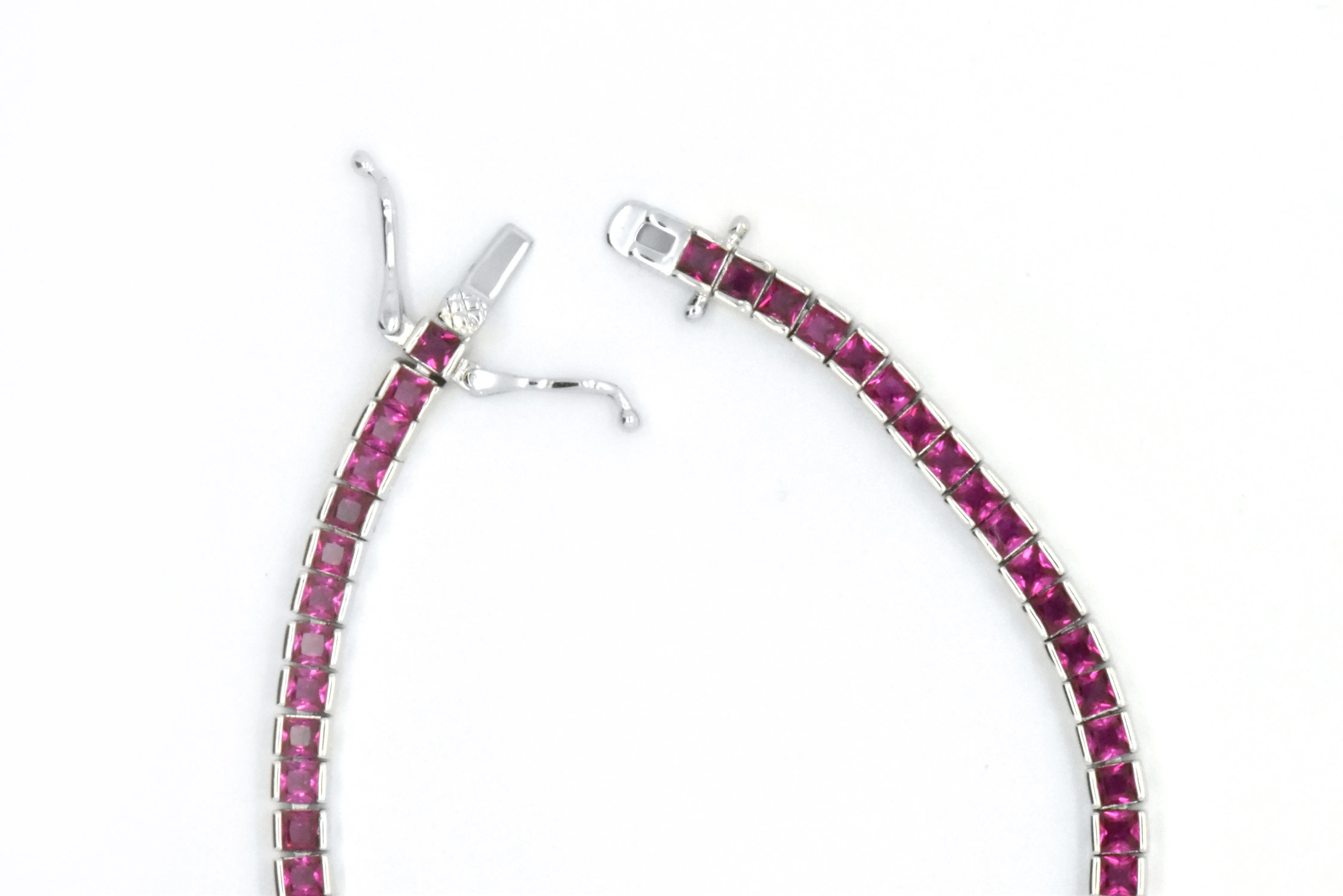 925 Sterling Silver Created Magenta Pink Princess Cut Tennis Bracelet