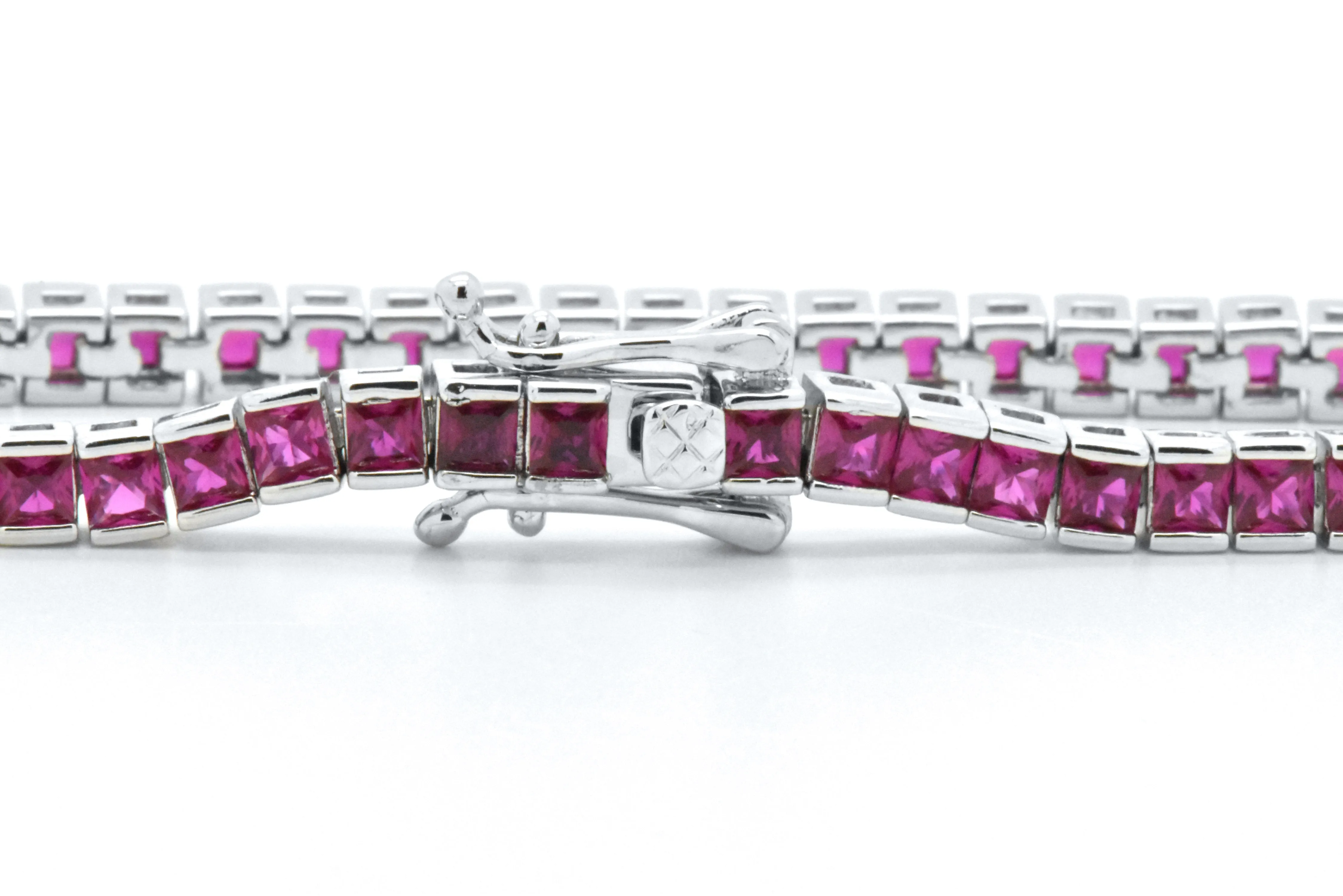 925 Sterling Silver Created Magenta Pink Princess Cut Tennis Bracelet