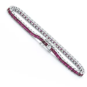 925 Sterling Silver Created Magenta Pink Princess Cut Tennis Bracelet