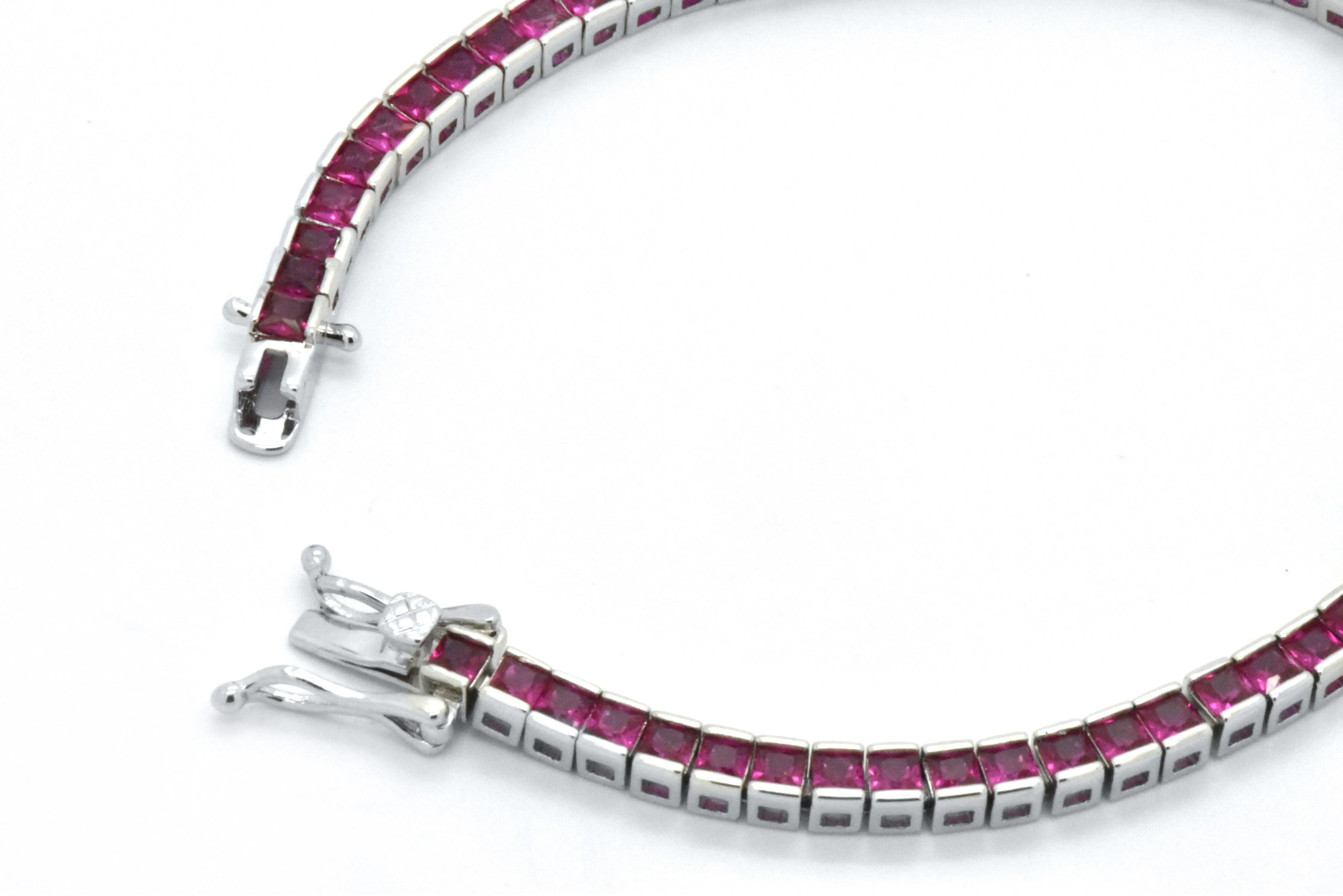 925 Sterling Silver Created Magenta Pink Princess Cut Tennis Bracelet