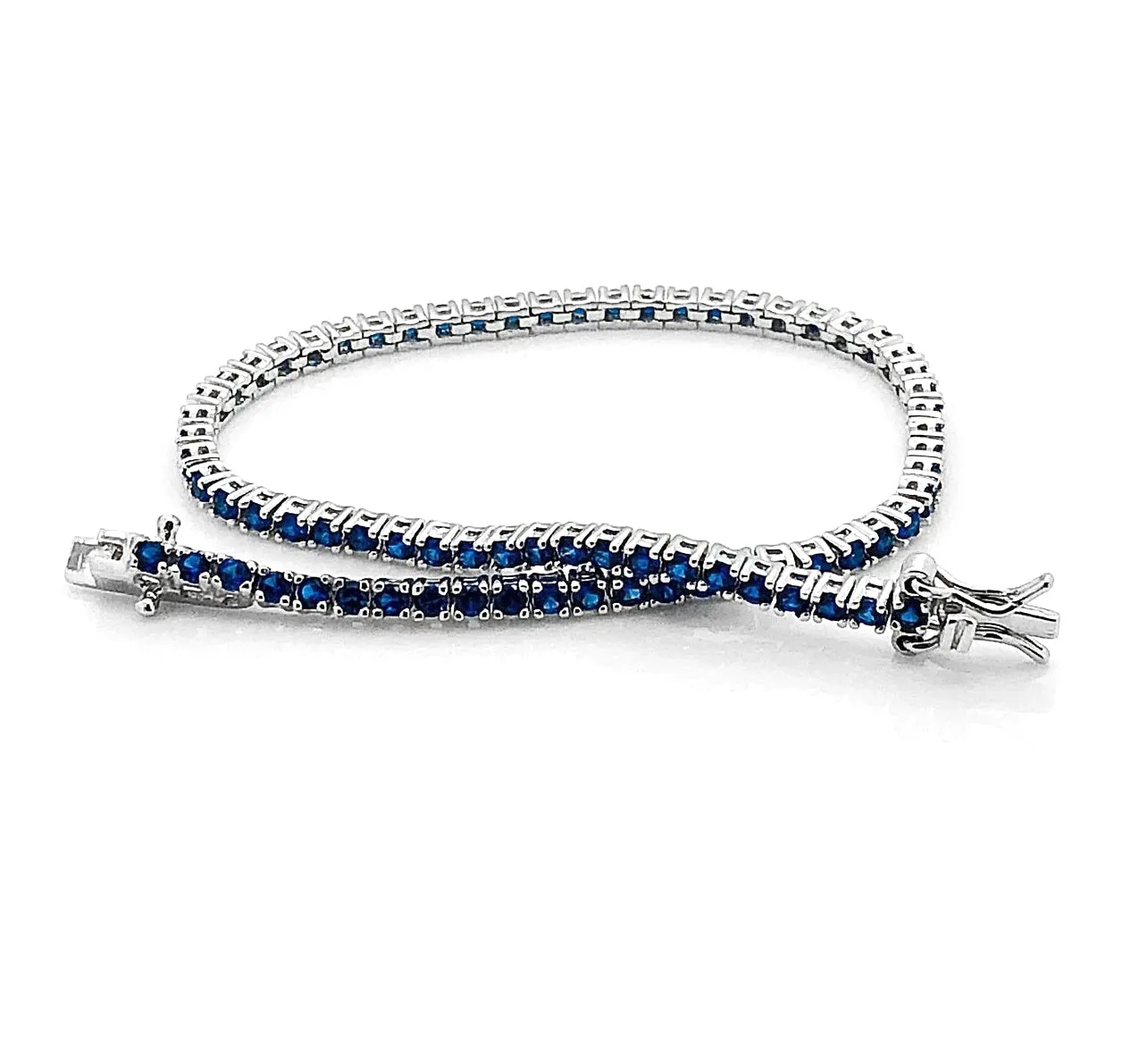 925 Sterling Silver Created Round Cut Blue Sapphire Tennis Bracelet