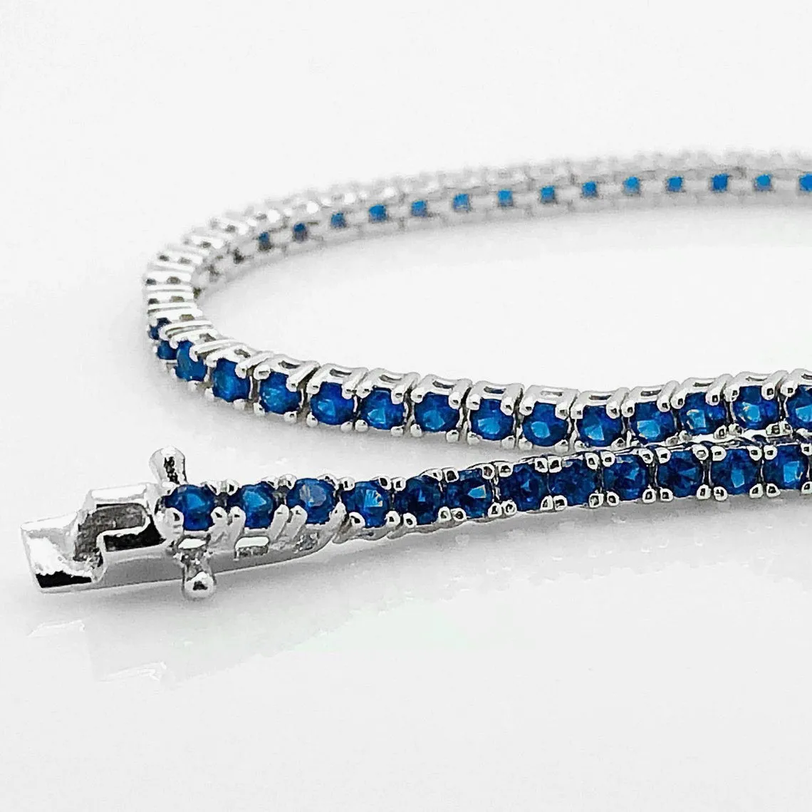 925 Sterling Silver Created Round Cut Blue Sapphire Tennis Bracelet