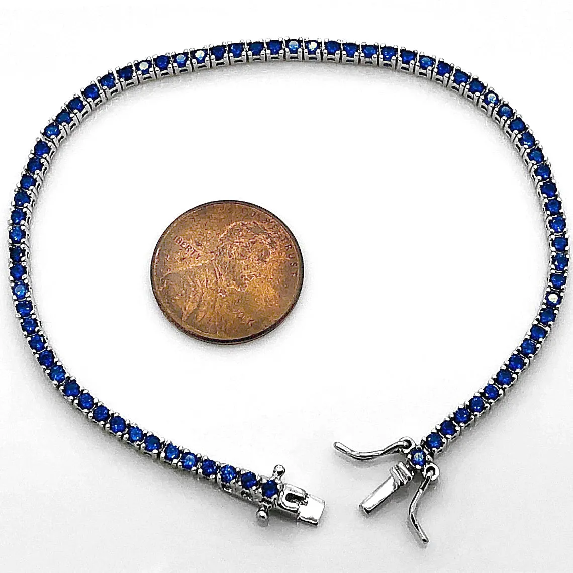 925 Sterling Silver Created Round Cut Blue Sapphire Tennis Bracelet