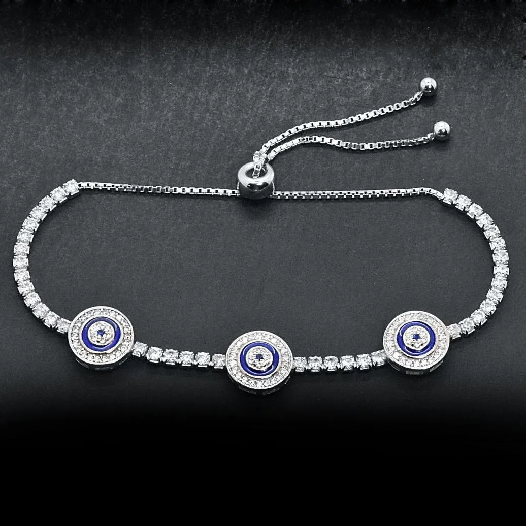 925 Sterling Silver Evil Eye Blue Enamel Tennis Adjustable Bracelet
