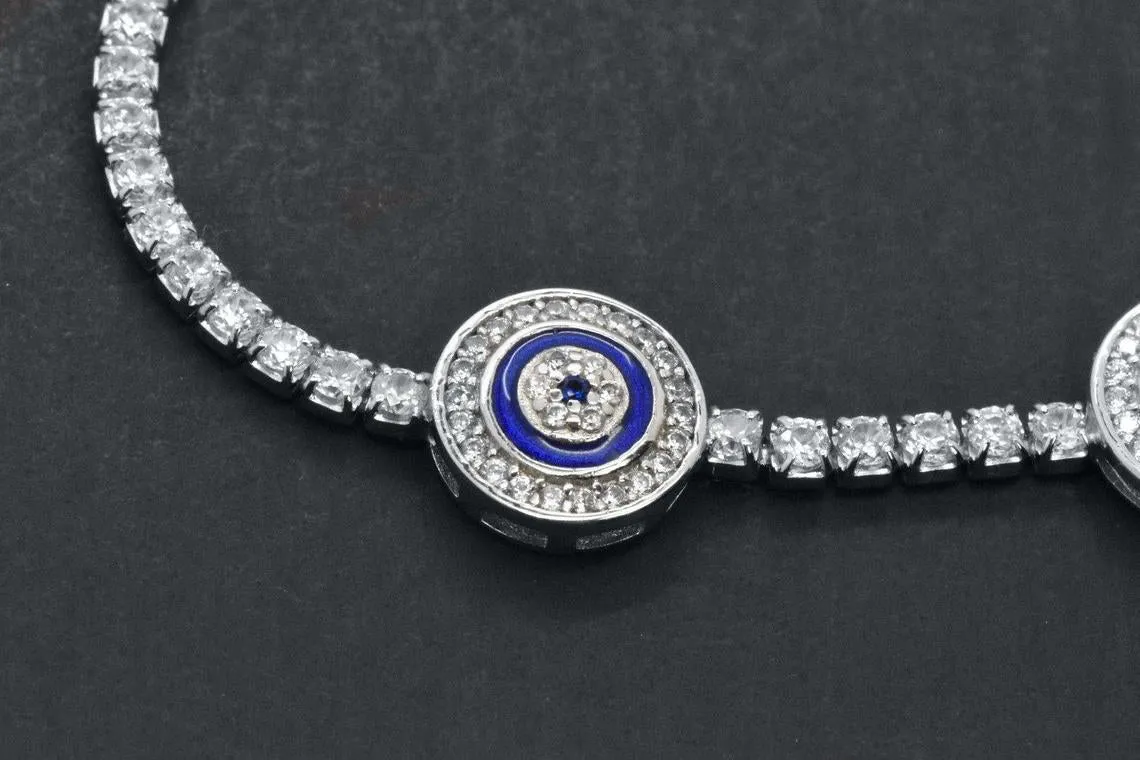 925 Sterling Silver Evil Eye Blue Enamel Tennis Adjustable Bracelet