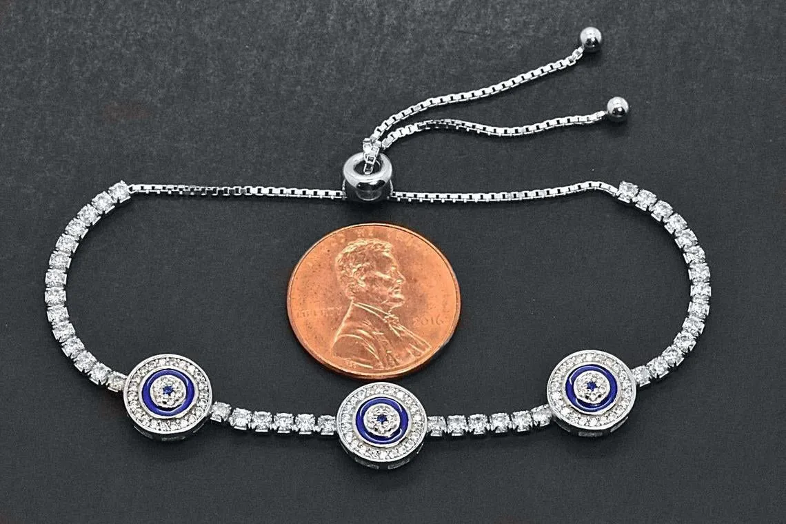 925 Sterling Silver Evil Eye Blue Enamel Tennis Adjustable Bracelet