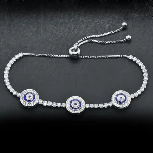 925 Sterling Silver Evil Eye Blue Enamel Tennis Adjustable Bracelet