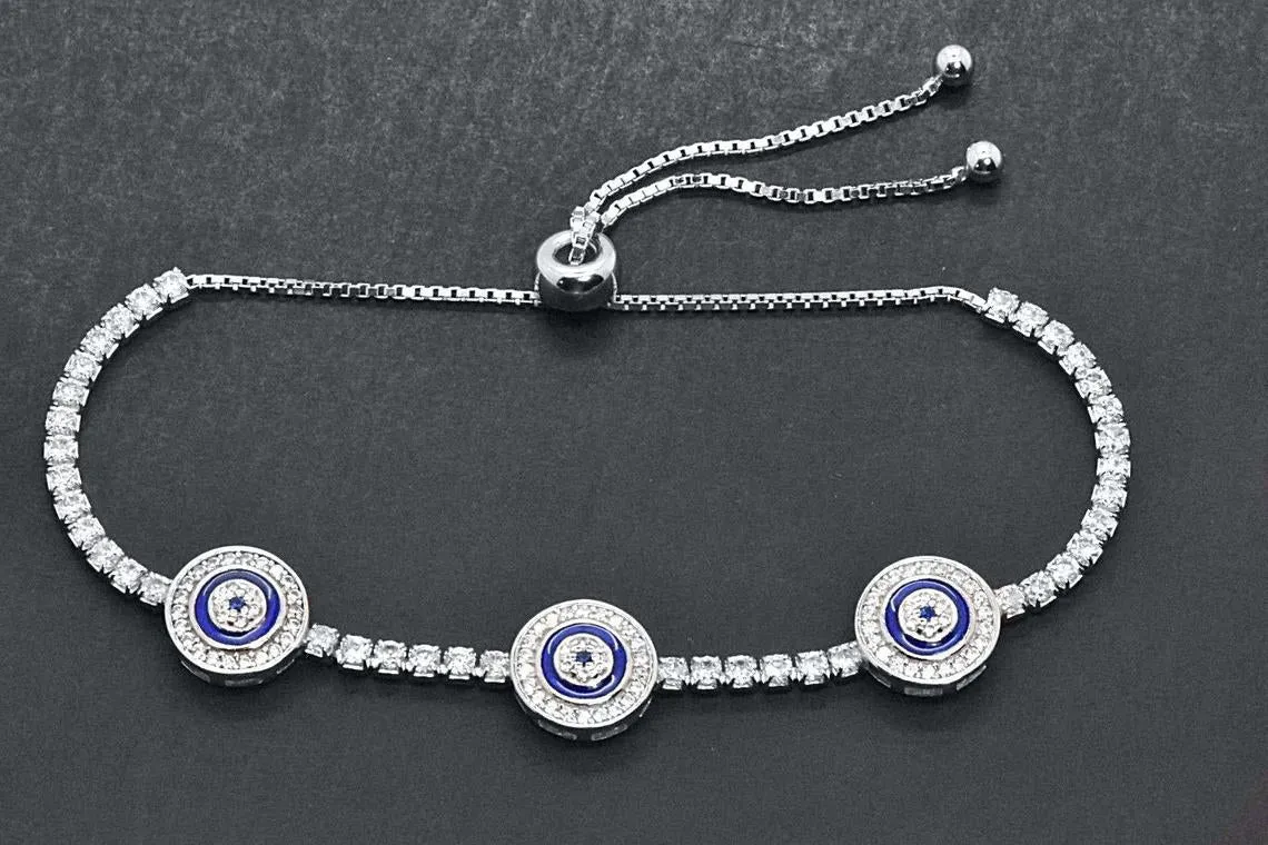 925 Sterling Silver Evil Eye Blue Enamel Tennis Adjustable Bracelet