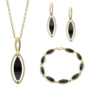 9ct Yellow Gold Whitby Jet Marquise Three Piece Set