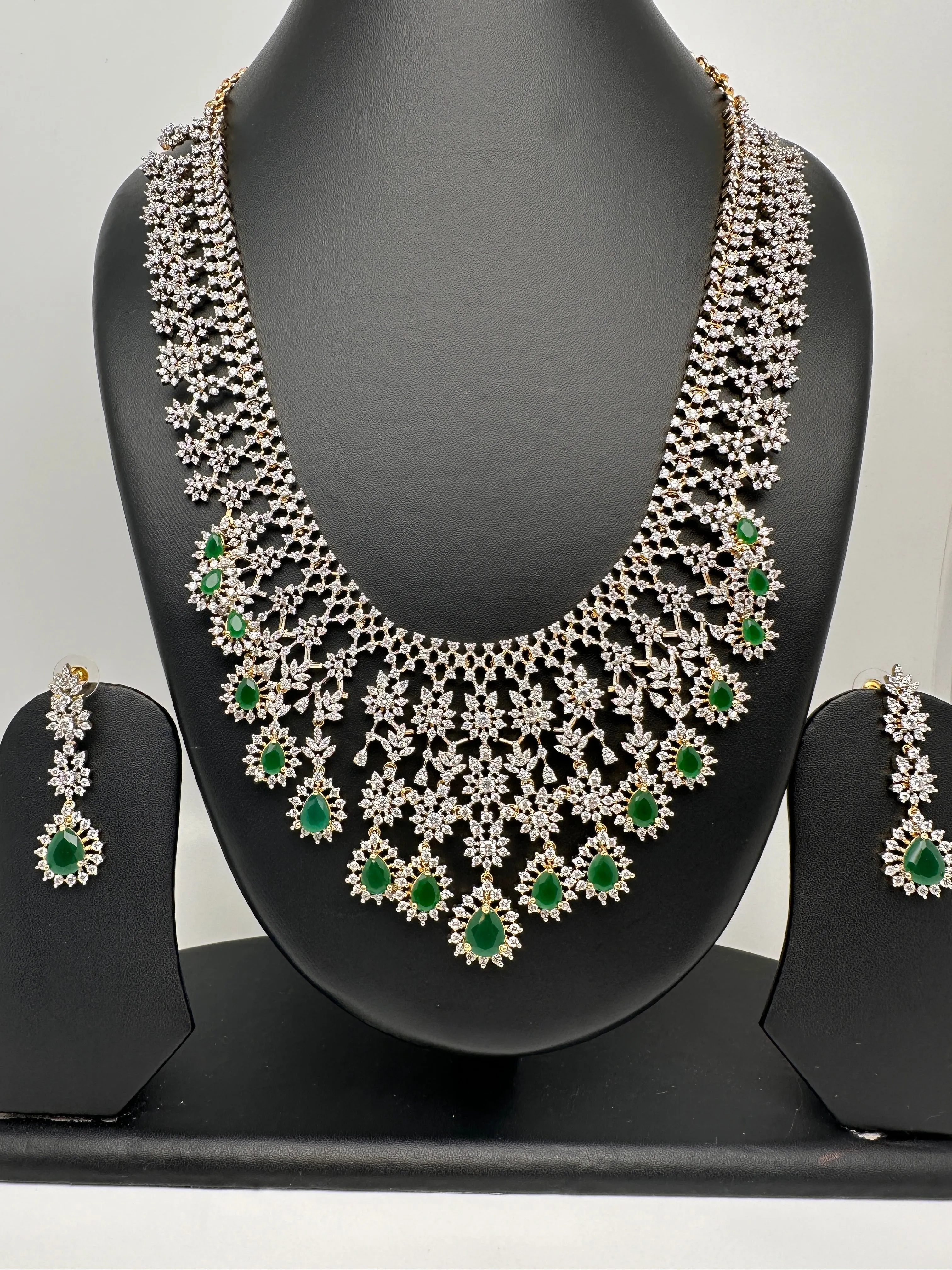 AD Diamond Finish Emerald Green Long Necklace