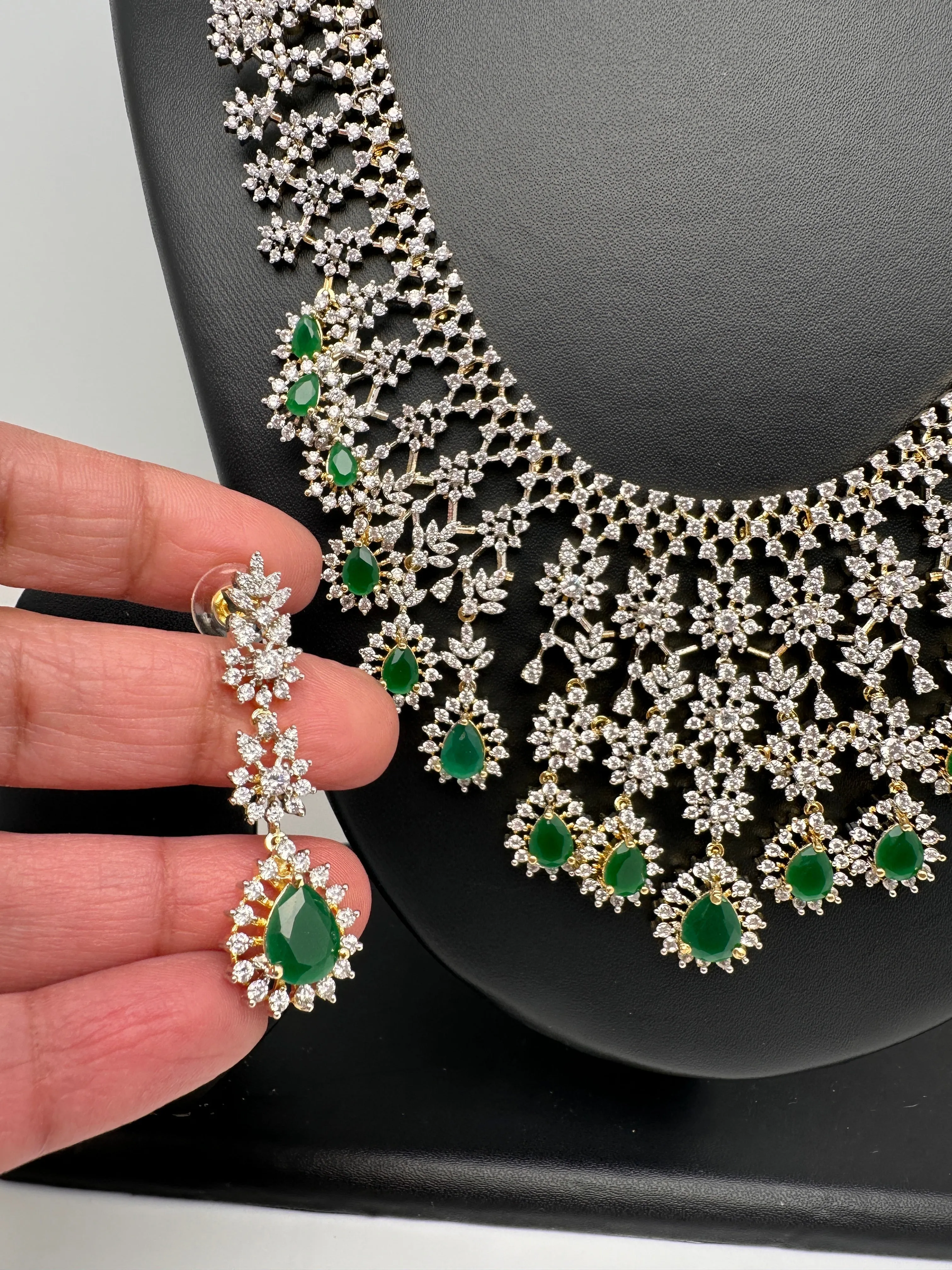 AD Diamond Finish Emerald Green Long Necklace