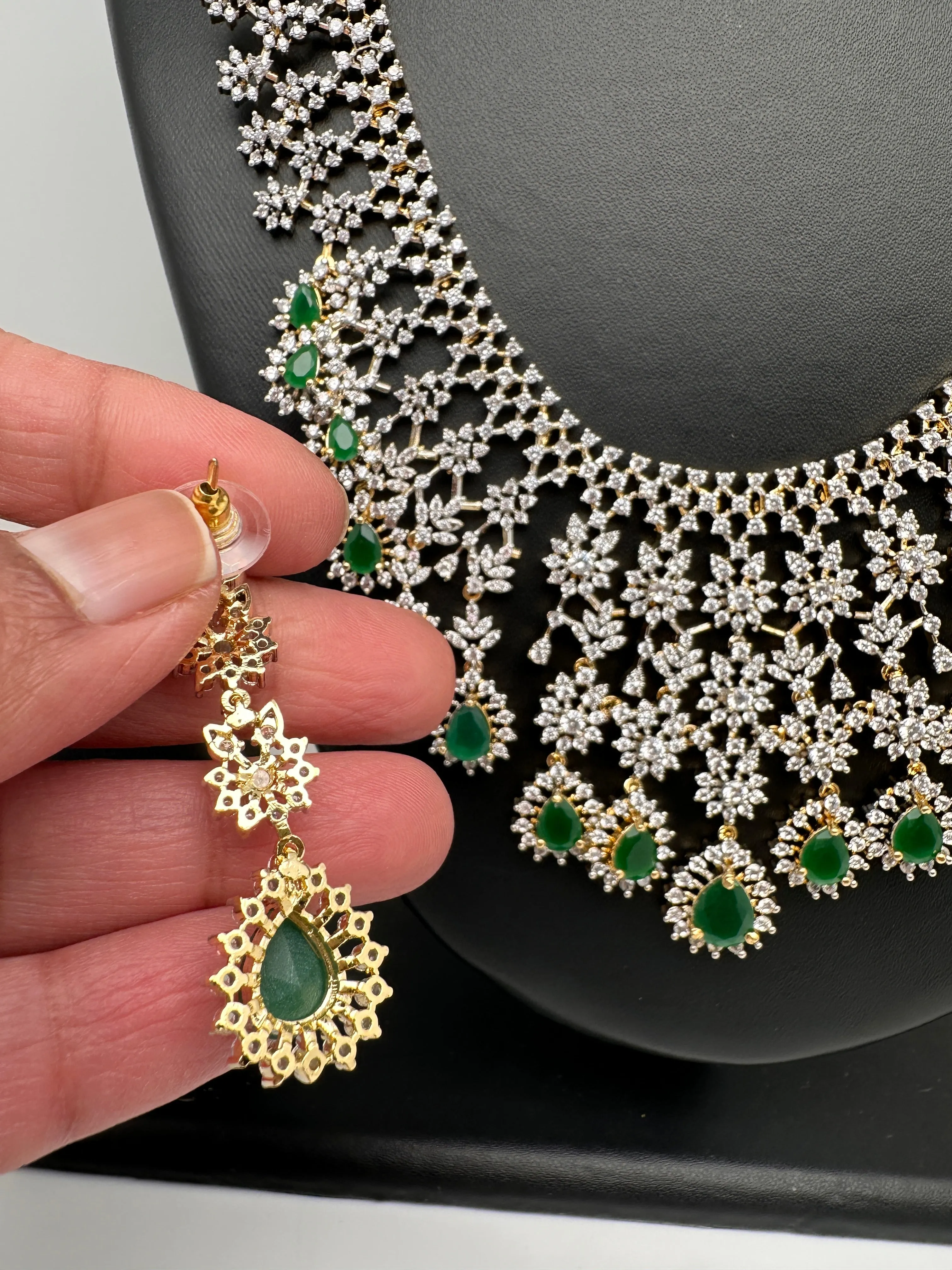 AD Diamond Finish Emerald Green Long Necklace