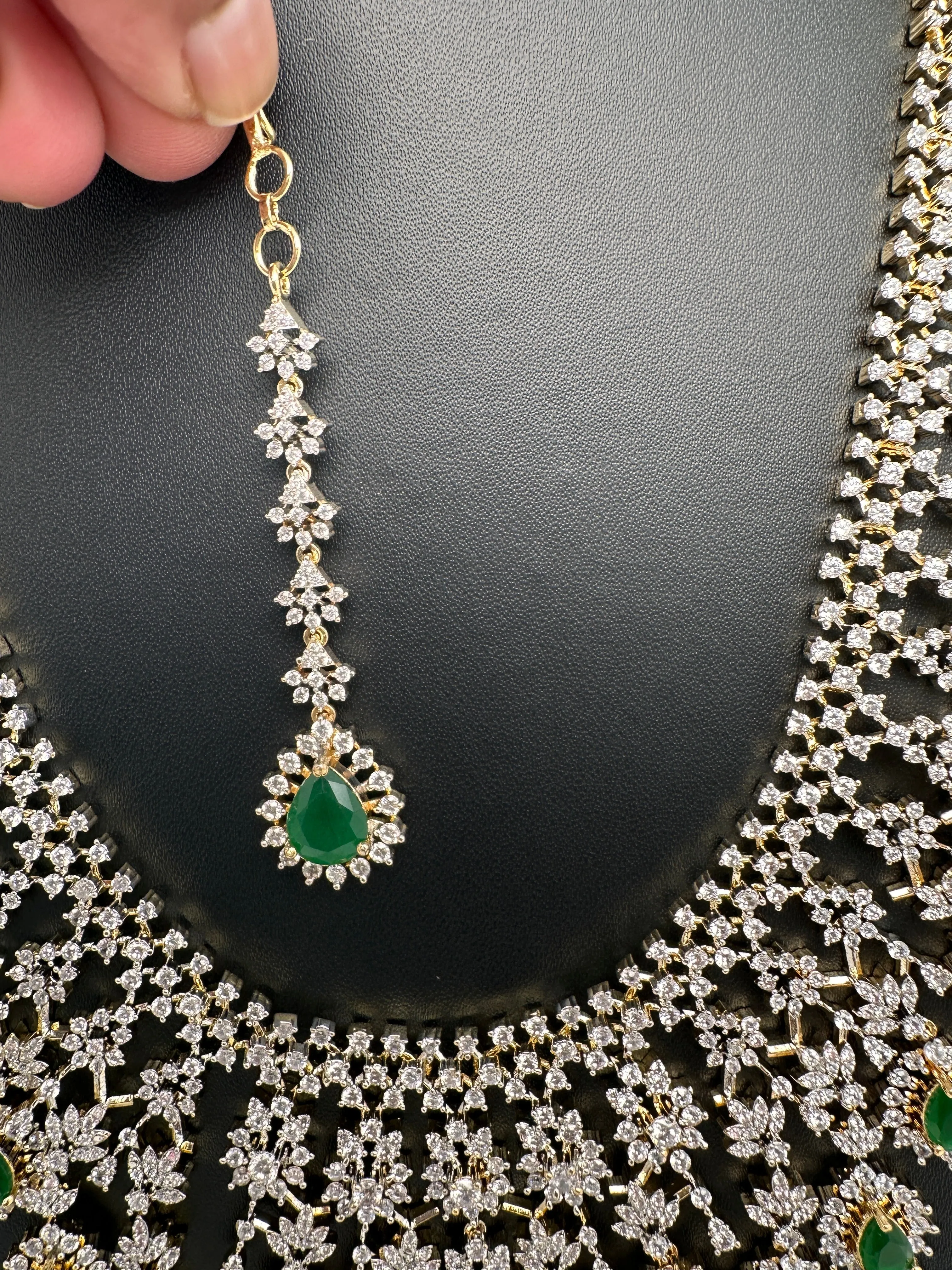 AD Diamond Finish Emerald Green Long Necklace