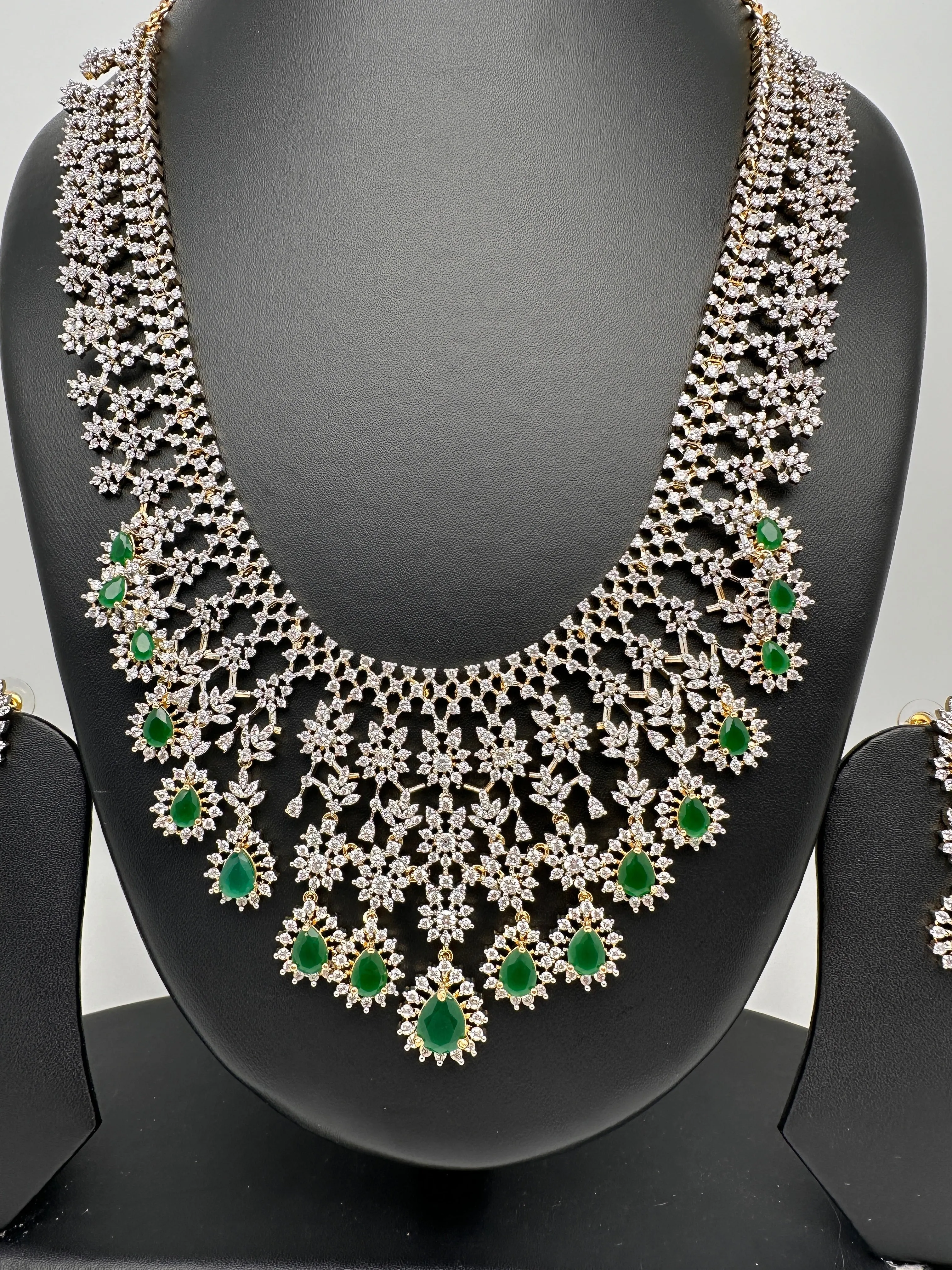 AD Diamond Finish Emerald Green Long Necklace