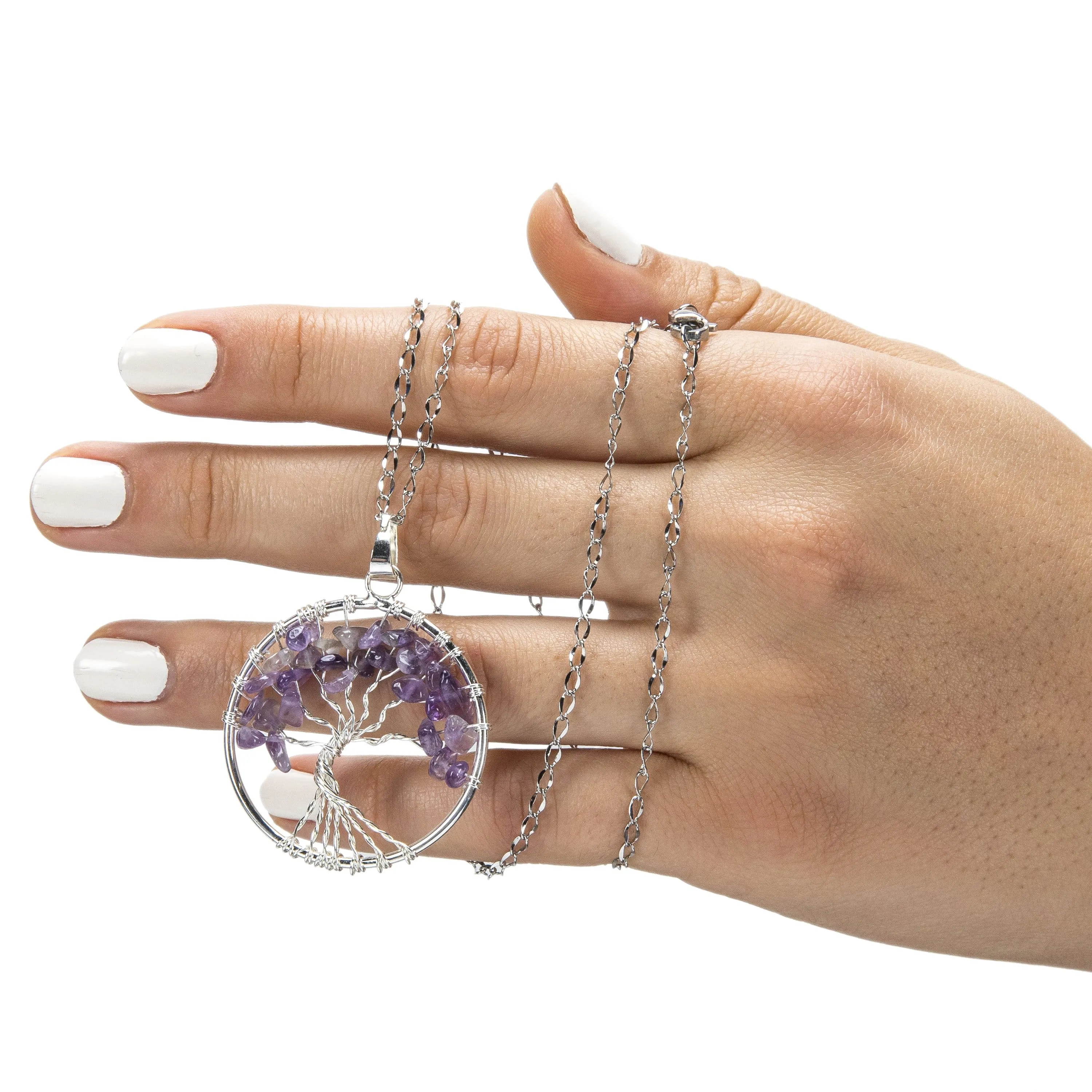 Amethyst Chakra Gemstone Tree of Life Necklace & Stainless Steel Chain