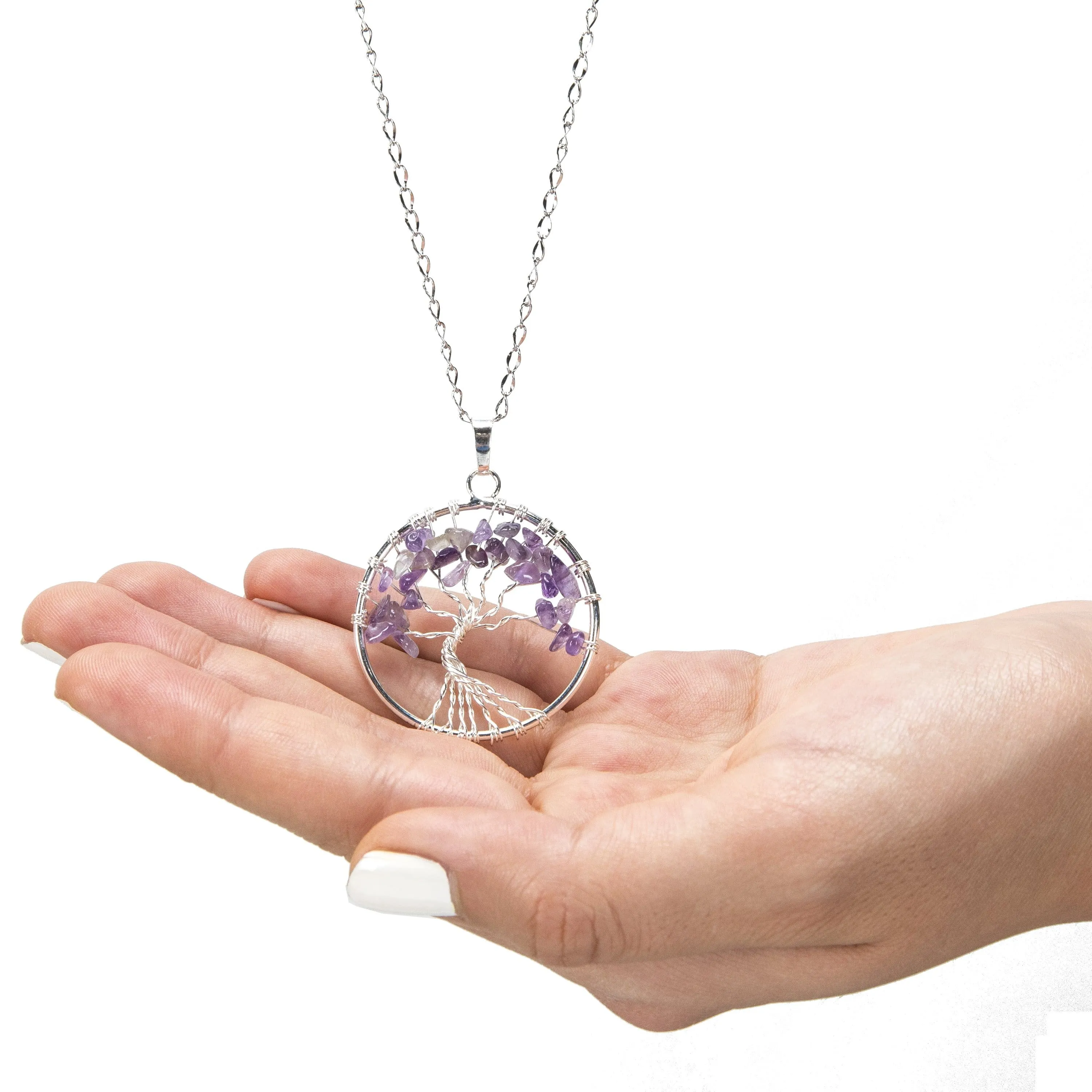 Amethyst Chakra Gemstone Tree of Life Necklace & Stainless Steel Chain