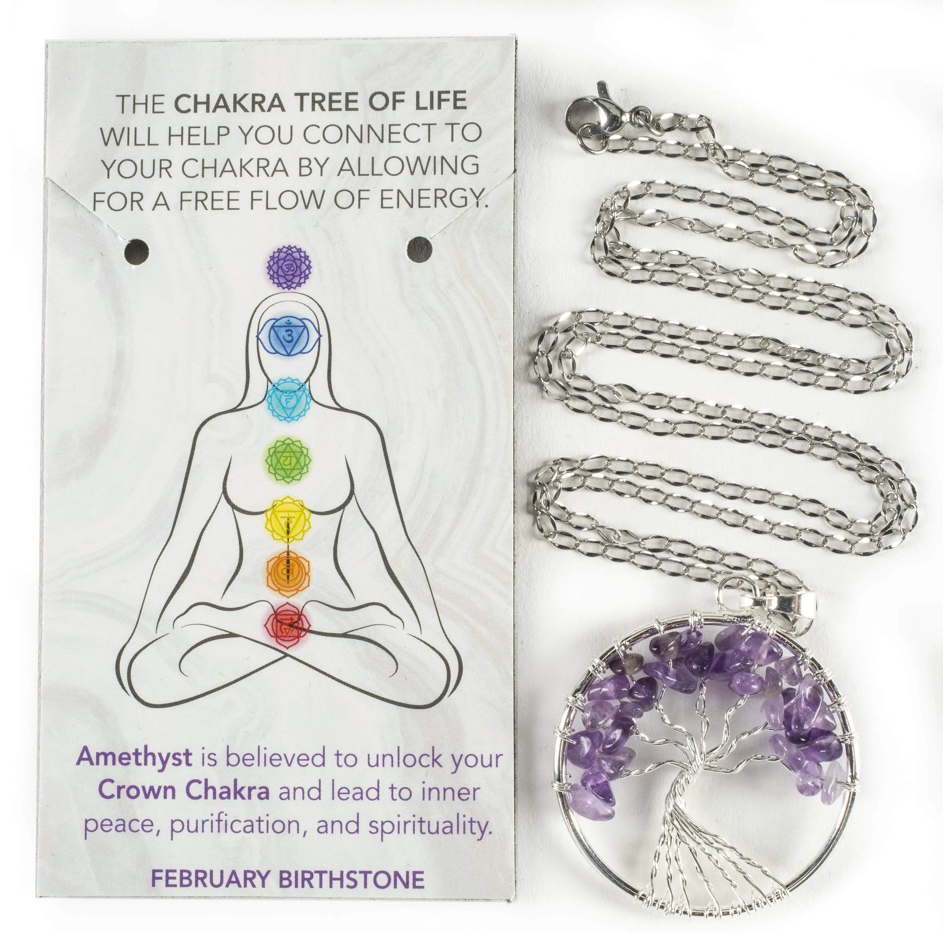 Amethyst Chakra Gemstone Tree of Life Necklace & Stainless Steel Chain