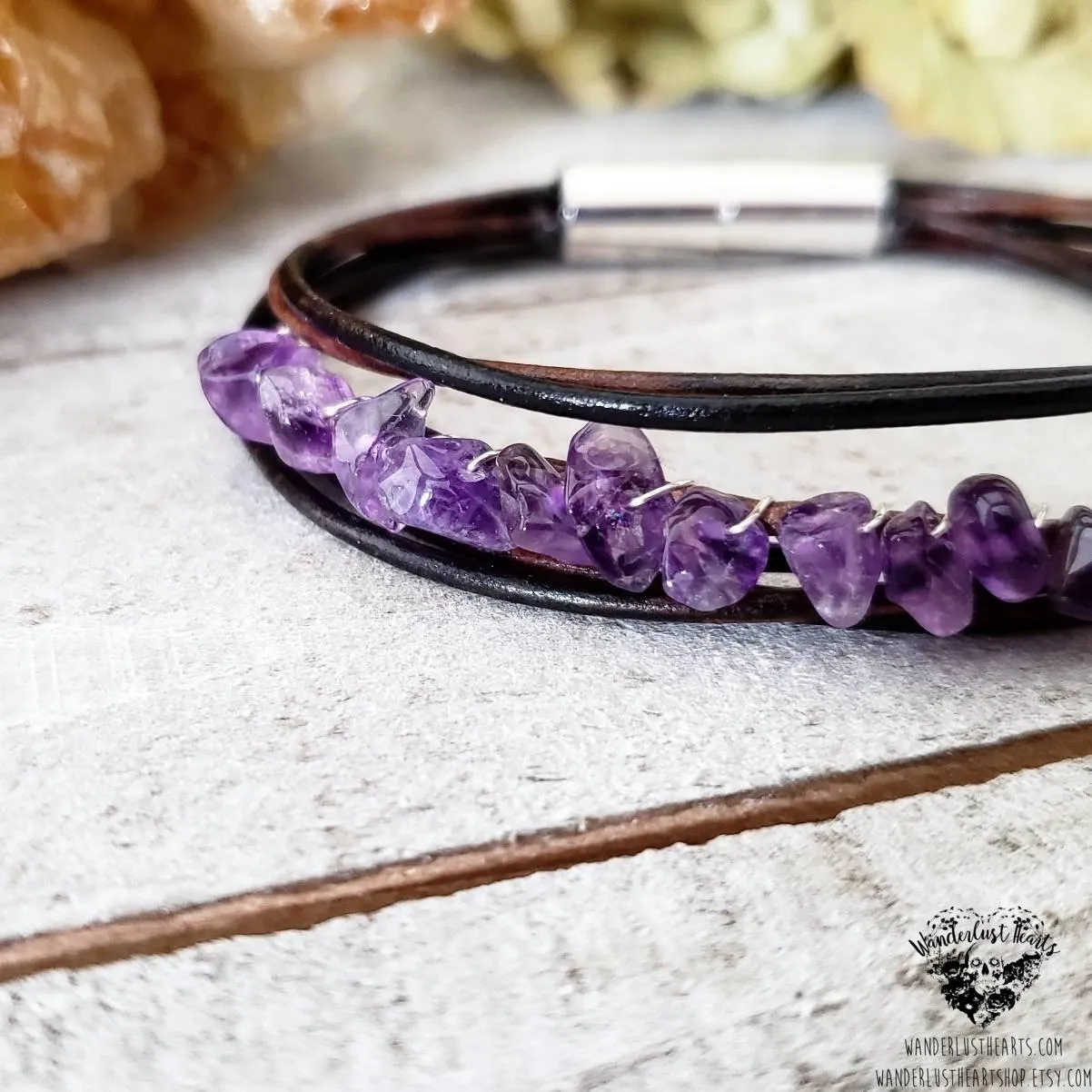Amethyst leather bracelet