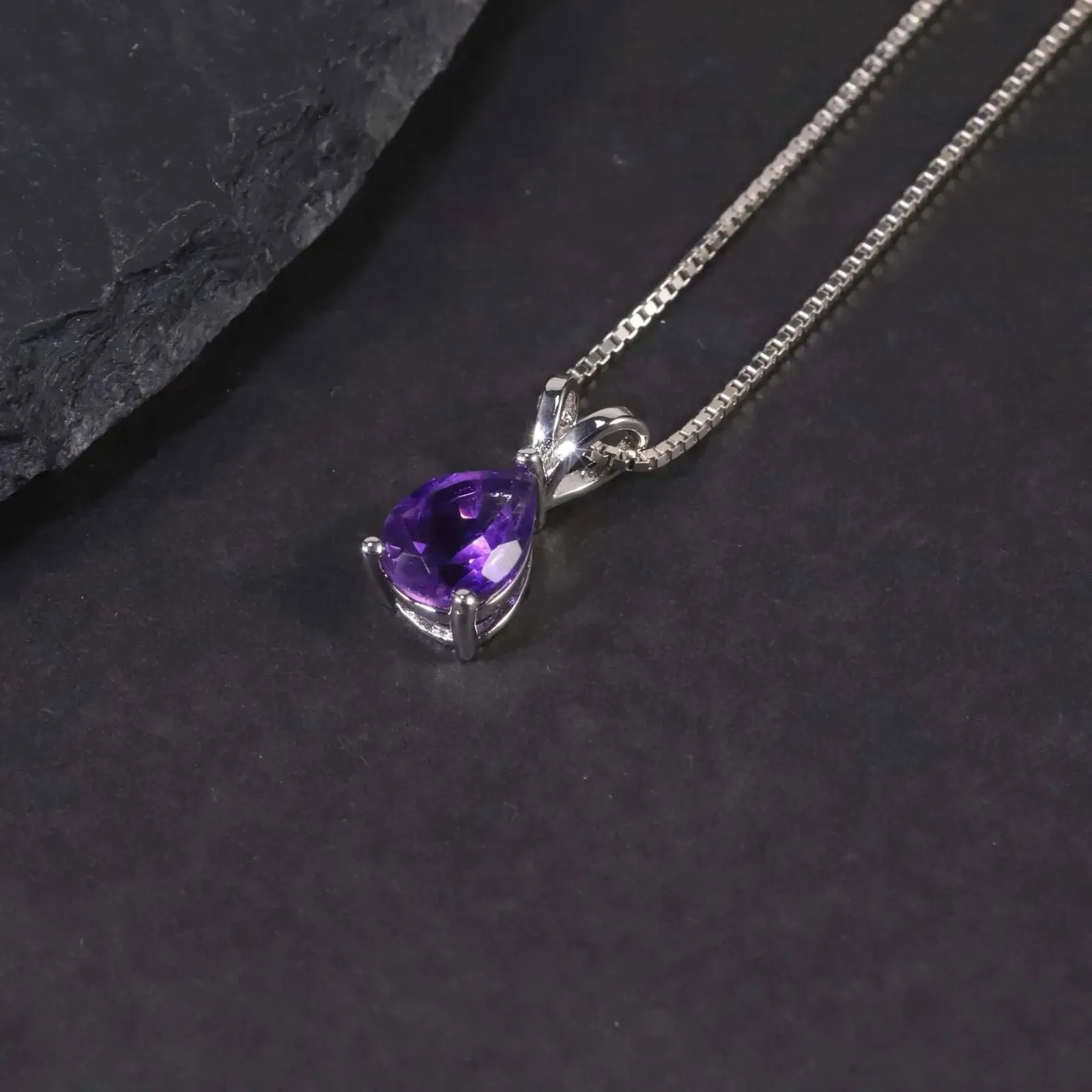 Amethyst Pear Shape Pendant Necklace - 925 Sterling Silver