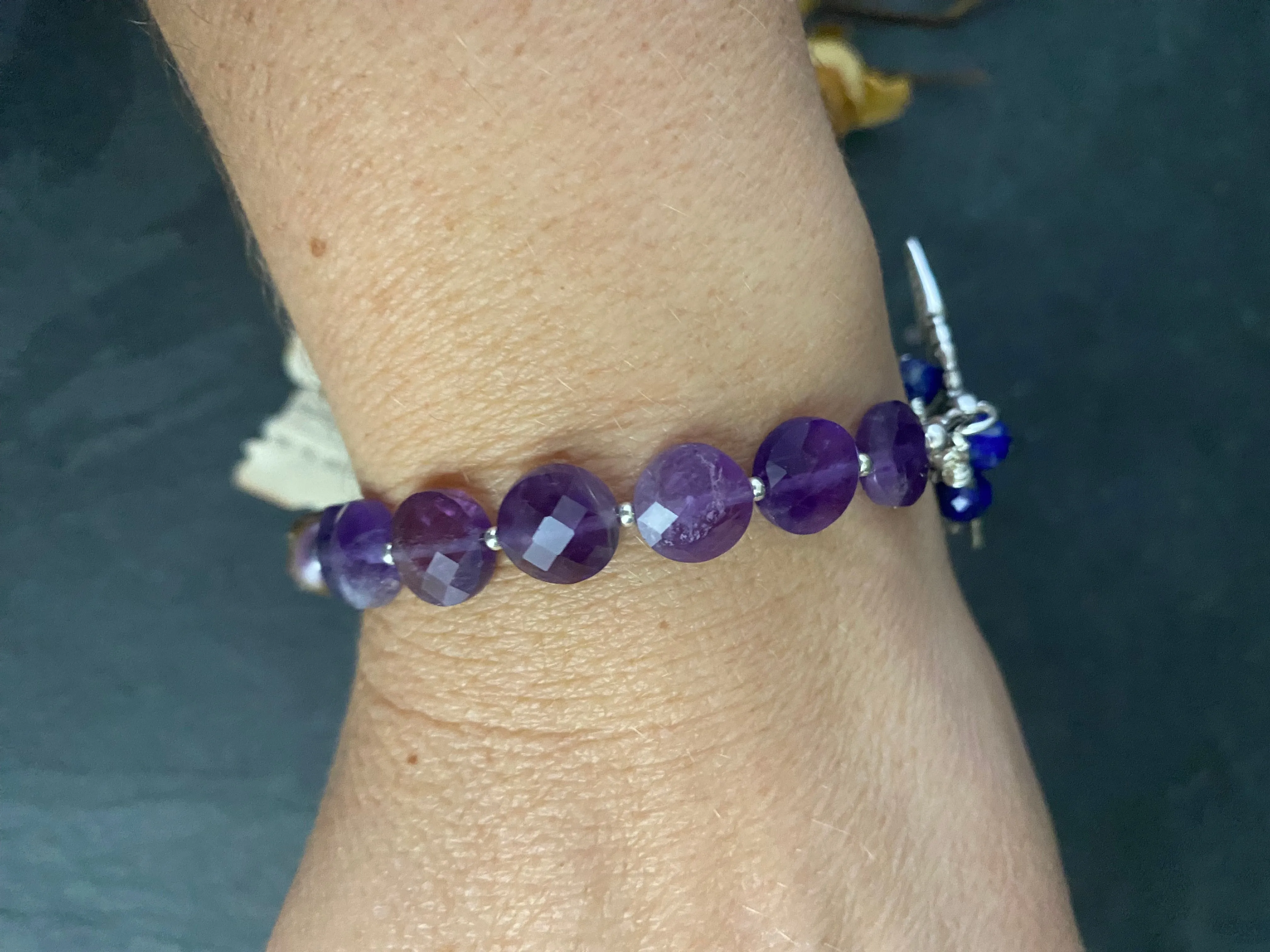 Amethyst stone, lampwork glass,lapis lazuli stone, silver metal, bracelet.