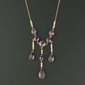 Antique Gold Teardrop Amethyst Pearl Necklace