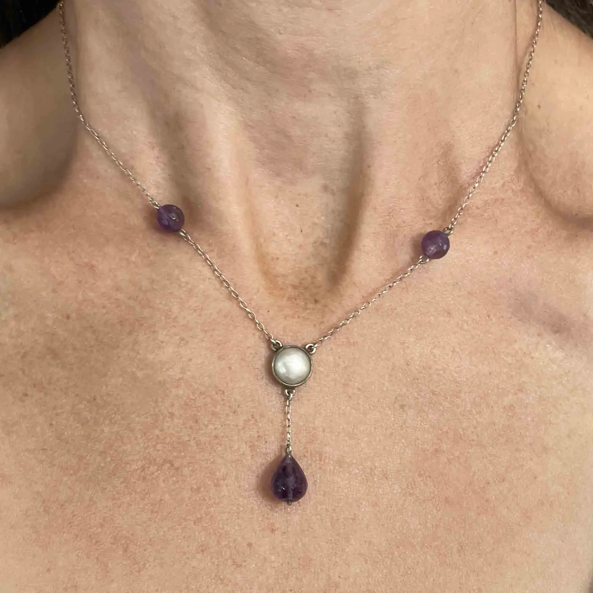 Antique Silver Amethyst Pearl Drop Pendant Necklace