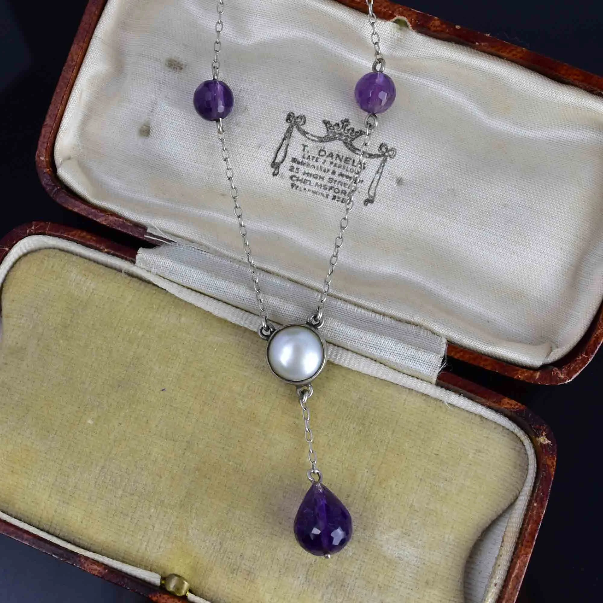 Antique Silver Amethyst Pearl Drop Pendant Necklace