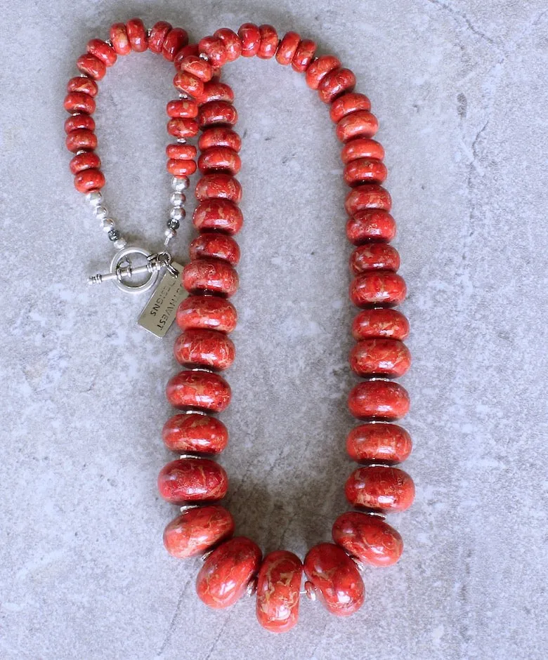 Apple Coral Rondelle Bead Graduated Necklace with Sterling Silver Discs, Rounds and Toggle Clasp