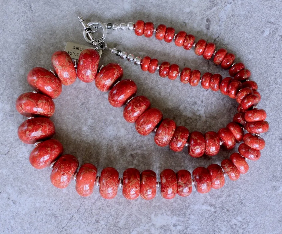 Apple Coral Rondelle Bead Graduated Necklace with Sterling Silver Discs, Rounds and Toggle Clasp